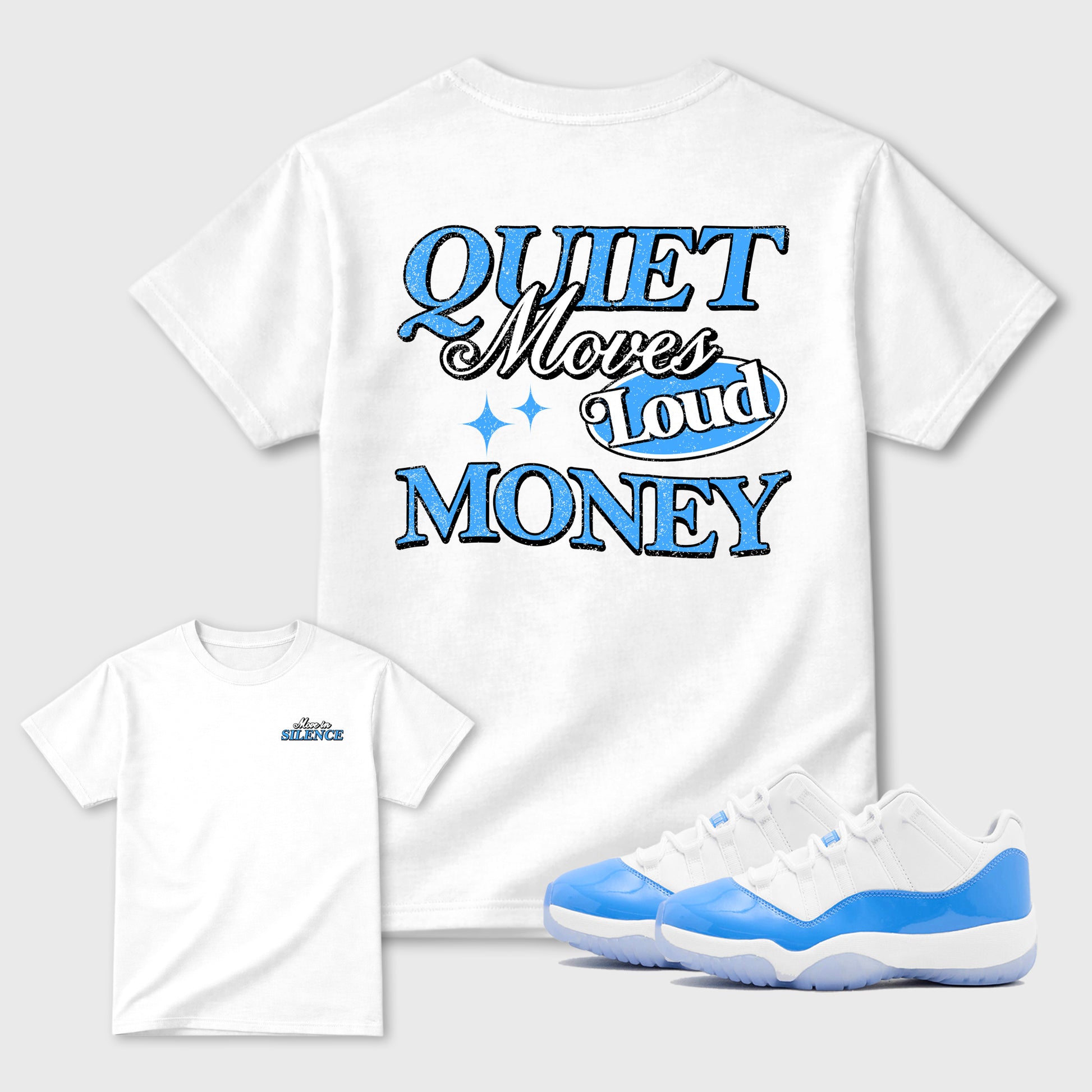 Move In Silence double side sneaker match graphic tee styled to complete your fit with the Air Jordan 11 Legend Blue Air Jordan 11 Legend Blue, shown in White.