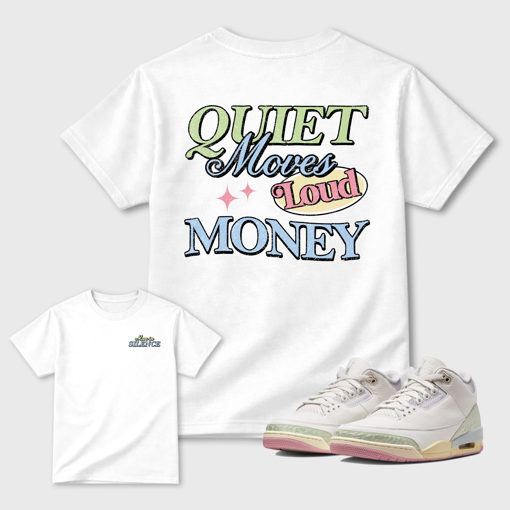 Move In Silence sneaker match t-shirt styled to complete your fit with the Air Jordan 3 Jade Aura sneakers, shown in White.