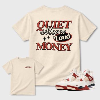 Move In Silence Graphic T-Shirt sneaker match tee designed for the Air Jordan 4 Brick After Brick sneakers, featuring coordinated color options for a perfect streetwear match. Natural shirt.