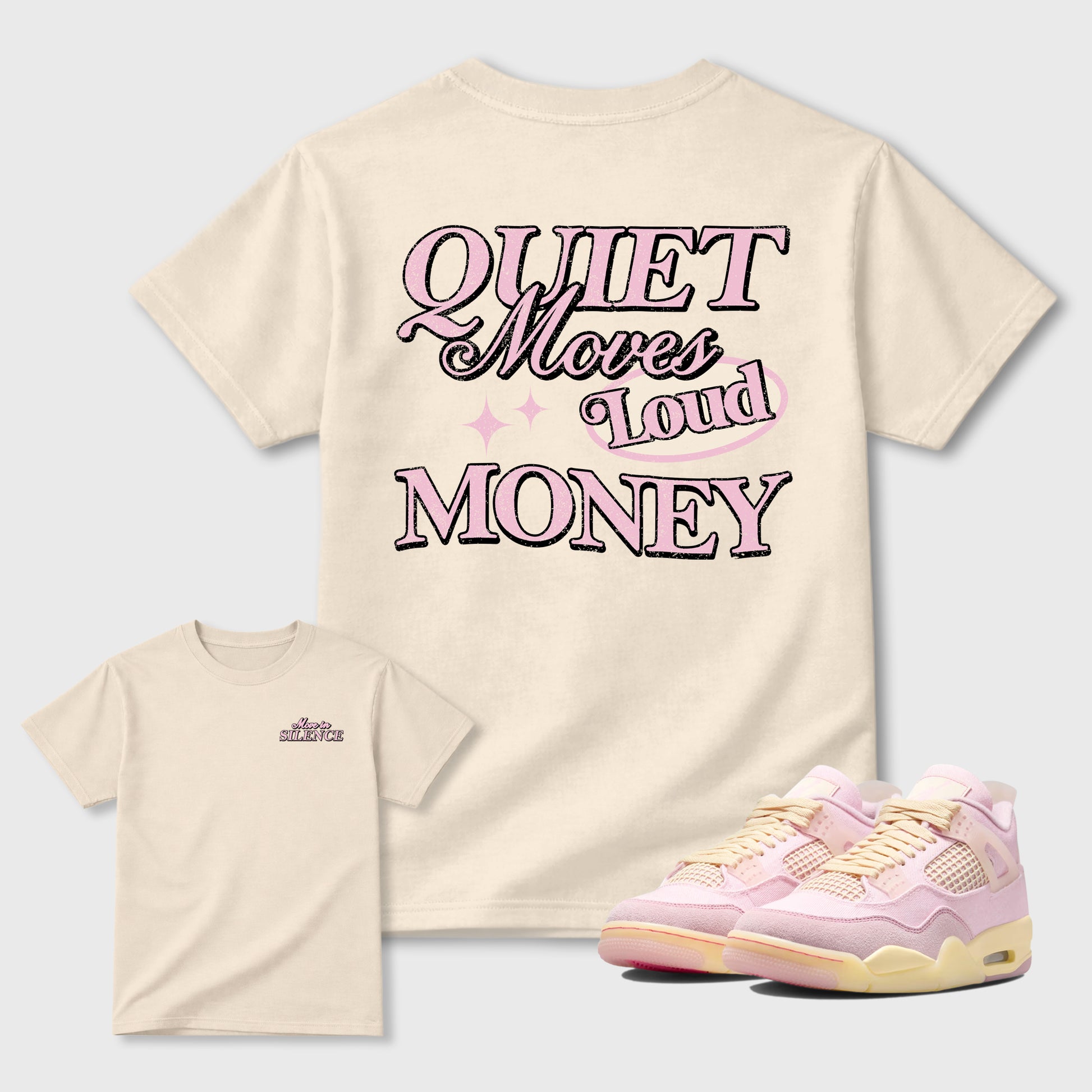 Move In Silence front and back graphic t-shirt styled to complete your outfit with the4s Iced Carmine, shown in Natural.