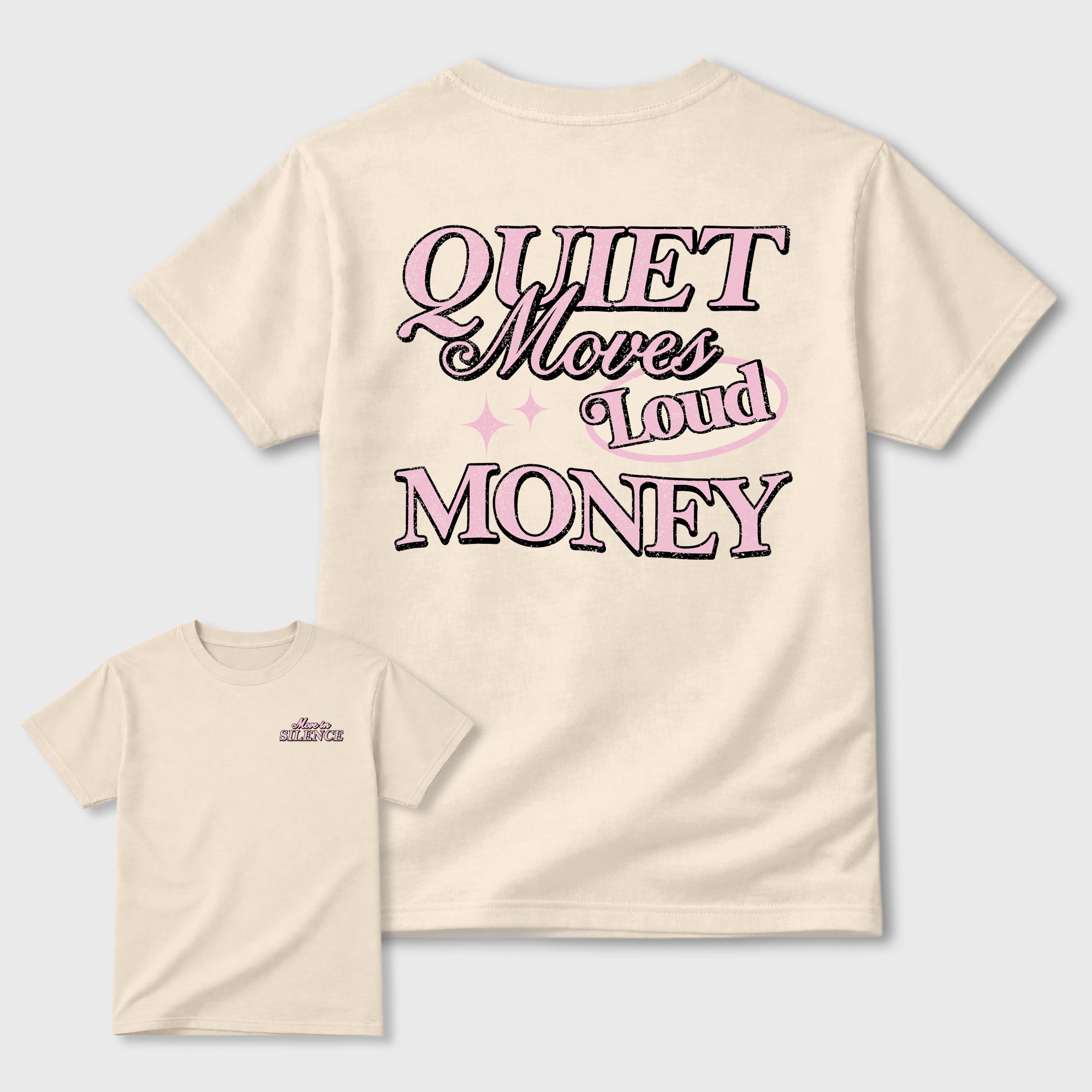 Move In Silence front and back graphic t-shirt styled to complete your outfit with the4s Iced Carmine, shown in Natural.