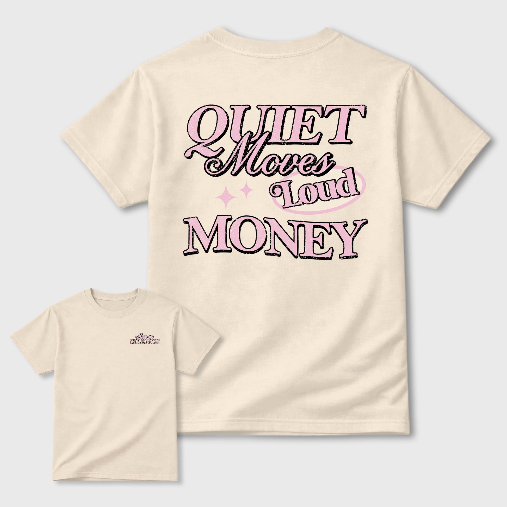Move In Silence front and back graphic t-shirt styled to complete your outfit with the4s Iced Carmine, shown in Natural.