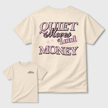 Move In Silence front and back graphic t-shirt styled to complete your outfit with the4s Iced Carmine, shown in Natural.