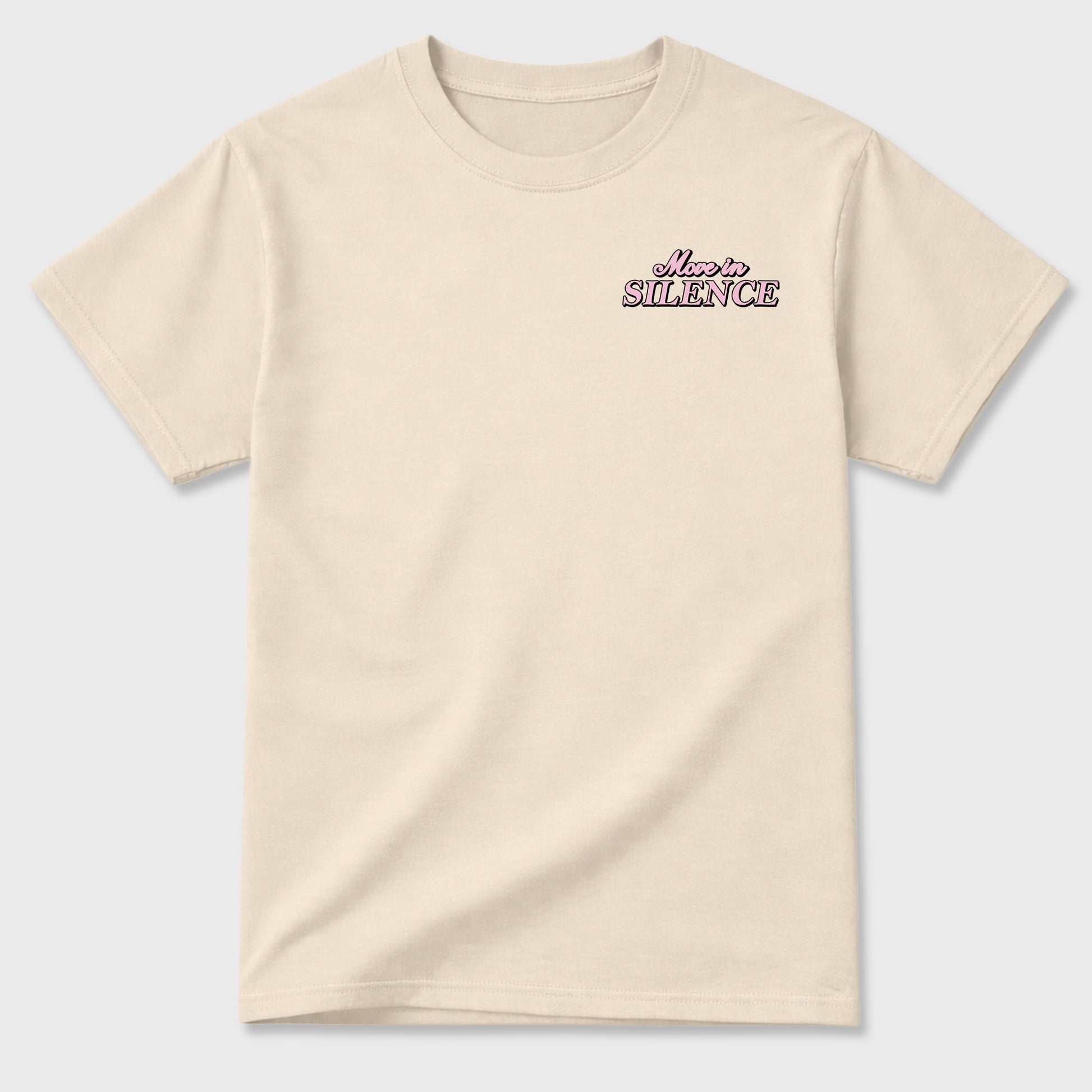 Move In Silence front and back graphic t-shirt styled to complete your outfit with the4s Iced Carmine, shown in Natural.
