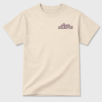 Move In Silence front and back graphic t-shirt styled to complete your outfit with the4s Iced Carmine, shown in Natural.