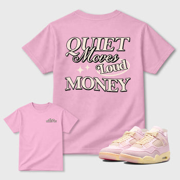 Move In Silence front and back graphic t-shirt styled to complete your outfit with theAir Jordan 4 Iced Carmine sneakers, shown in Pink.