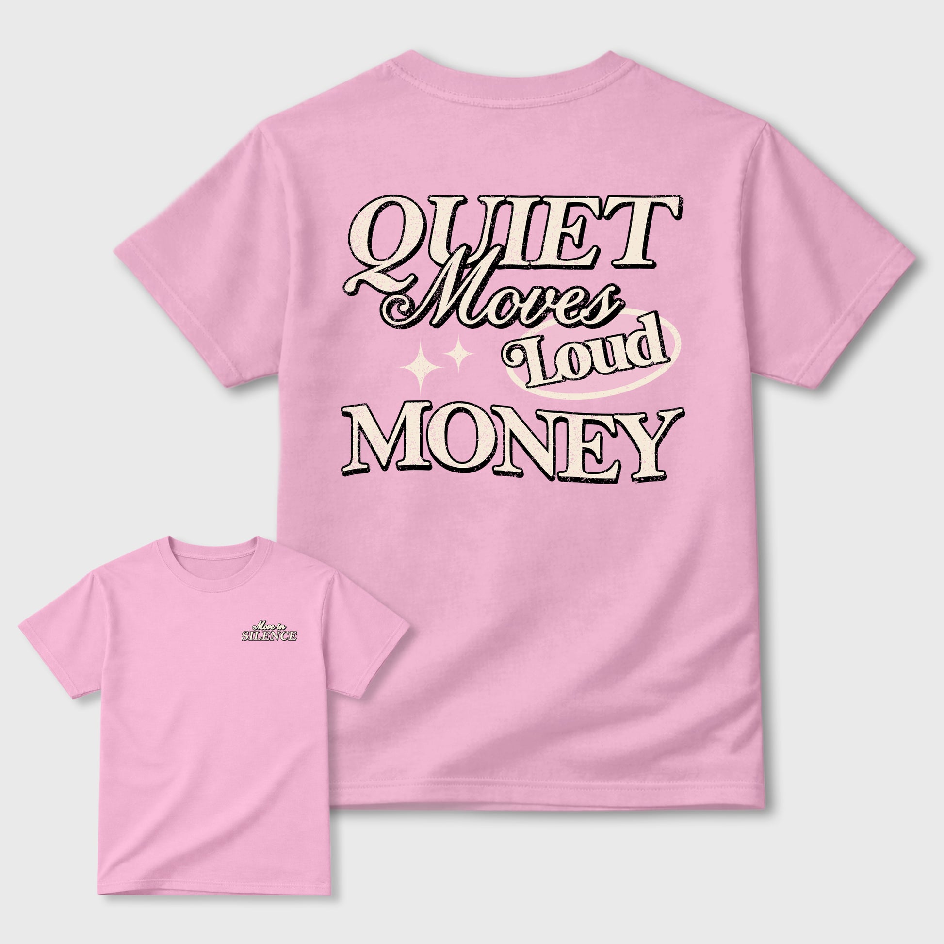Move In Silence front and back graphic t-shirt styled to complete your outfit with the4s Iced Carmine, shown in Pink.