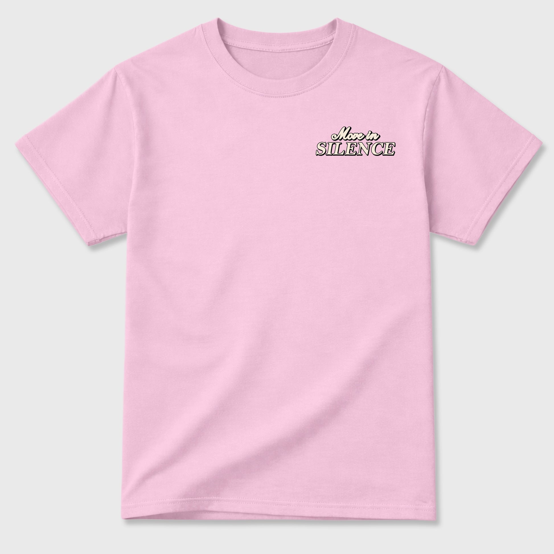 Move In Silence front and back graphic t-shirt styled to complete your outfit with the4s Iced Carmine, shown in Pink.