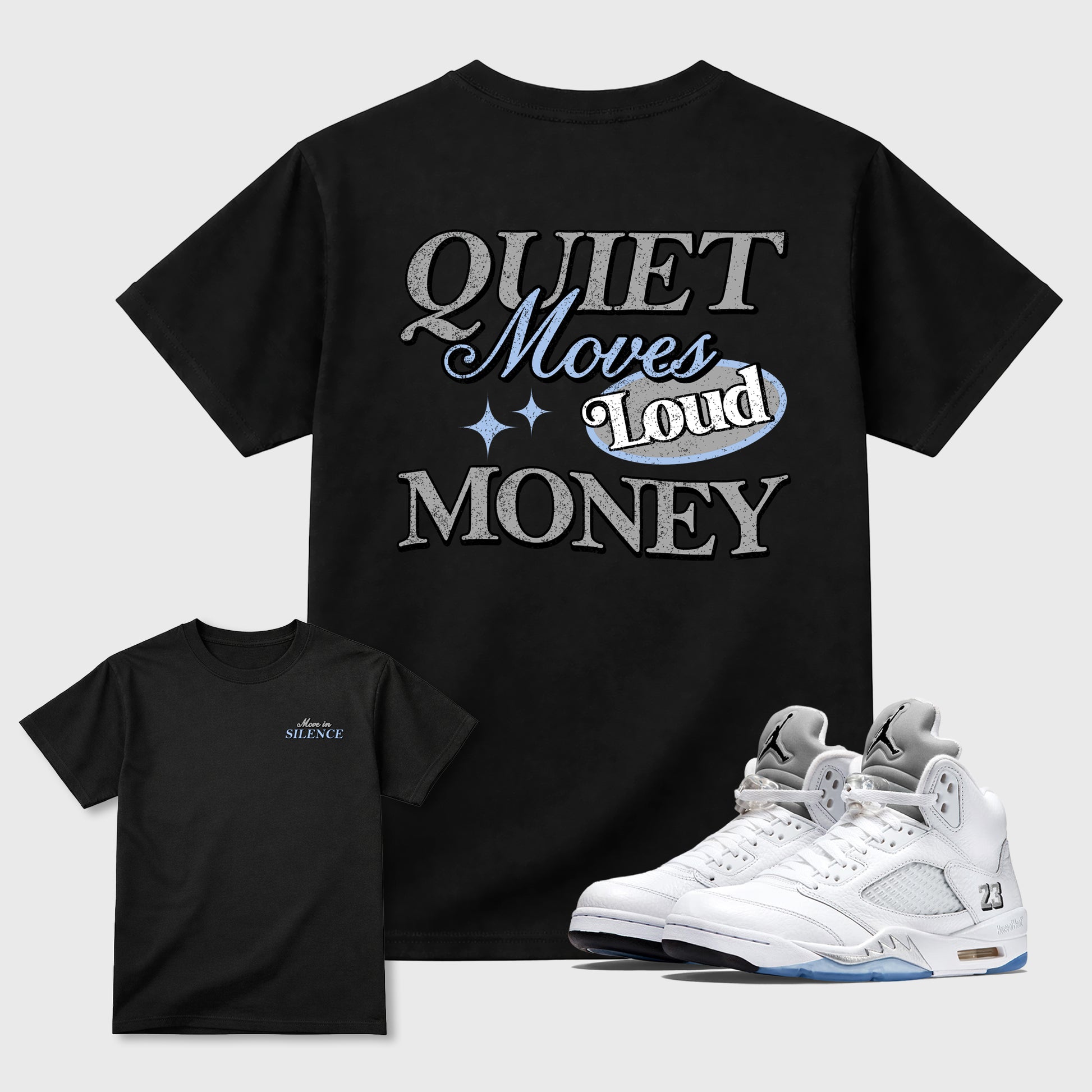 Move In Silence front and back graphic t-shirt styled to complete your outfit with the5s White Metallic, shown in Black.
