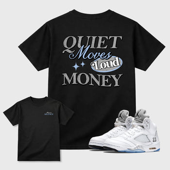 Move In Silence front and back graphic t-shirt styled to complete your outfit with the5s White Metallic, shown in Black.