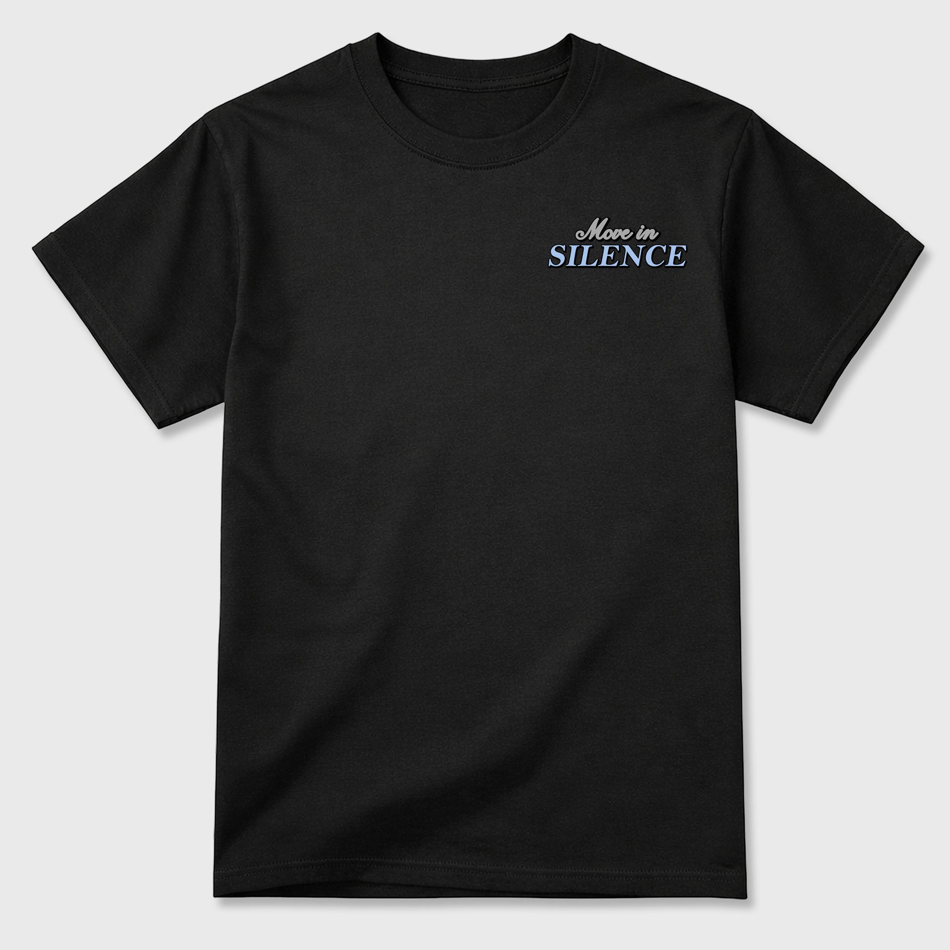 Move In Silence front and back graphic t-shirt styled to complete your outfit with the5s White Metallic, shown in Black.