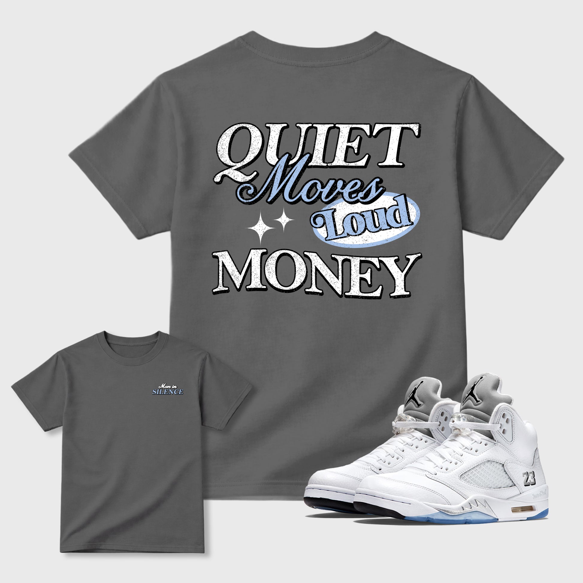 Move In Silence front and back graphic t-shirt styled to complete your outfit with the5s White Metallic, shown in Cool Grey.