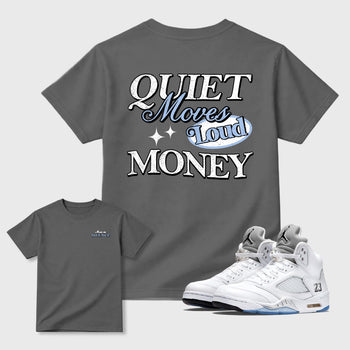 Move In Silence front and back graphic t-shirt styled to complete your outfit with the5s White Metallic, shown in Cool Grey.