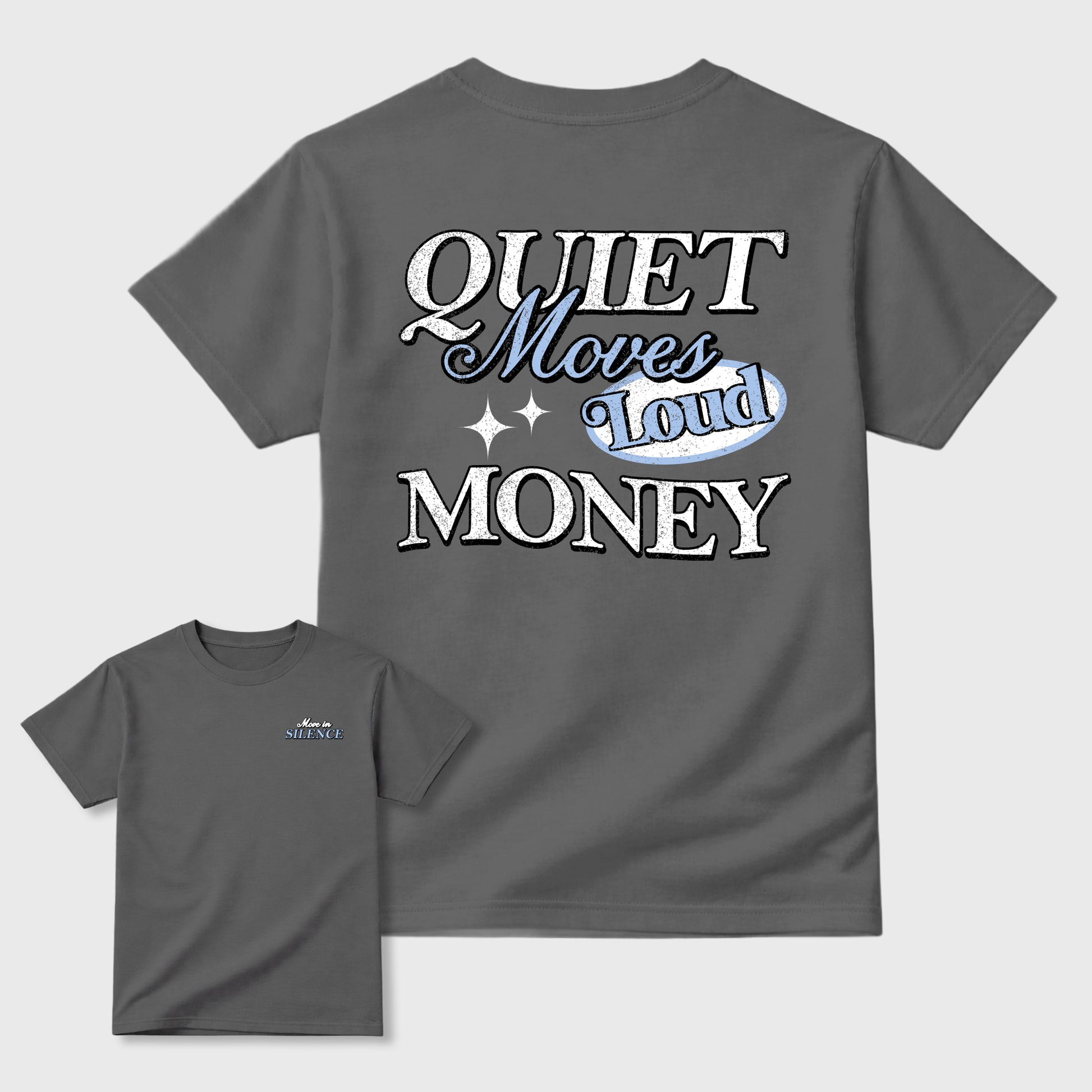Move In Silence front and back graphic t-shirt styled to complete your outfit with the5s White Metallic, shown in Cool Grey.