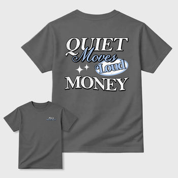 Move In Silence front and back graphic t-shirt styled to complete your outfit with the5s White Metallic, shown in Cool Grey.