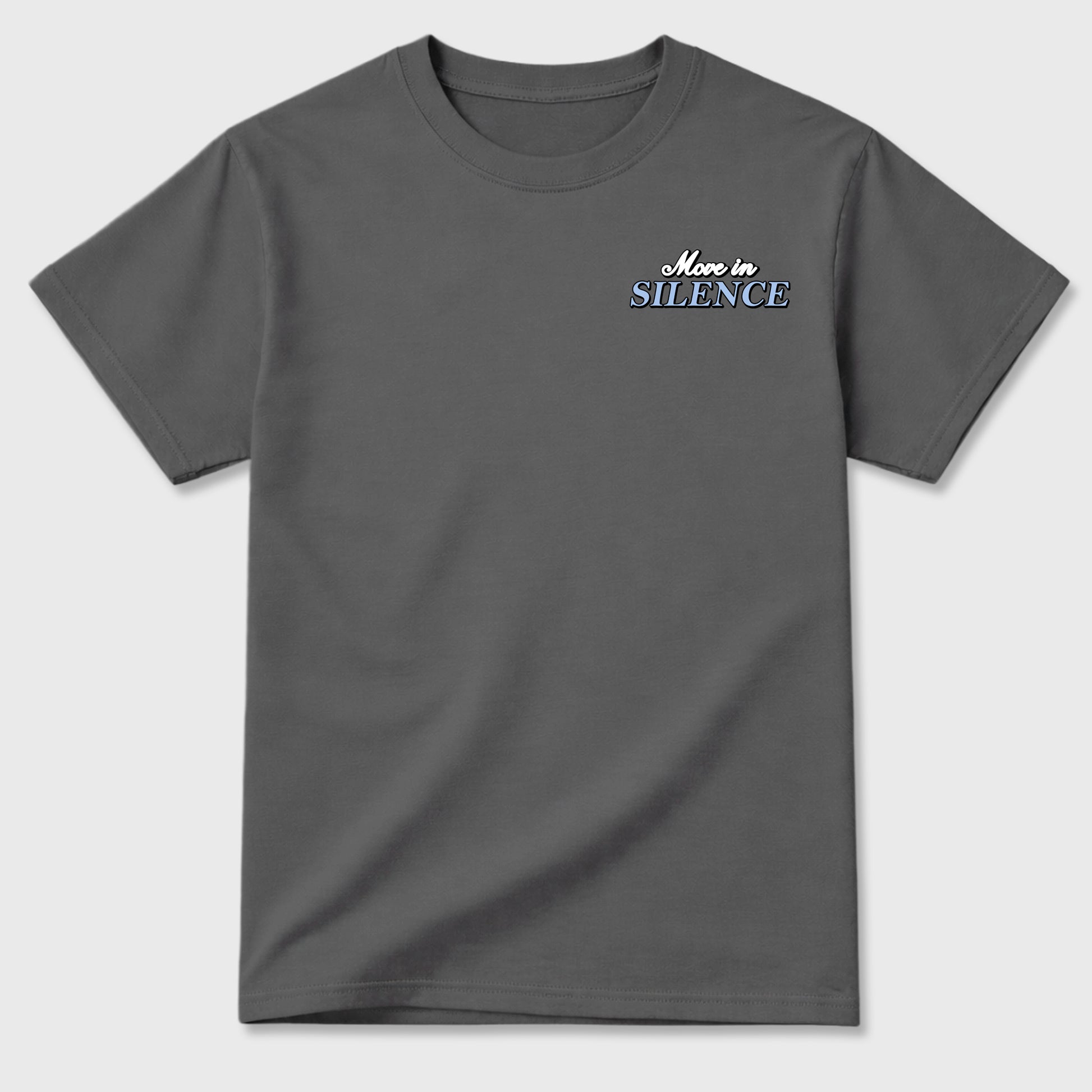 Move In Silence front and back graphic t-shirt styled to complete your outfit with the5s White Metallic, shown in Cool Grey.