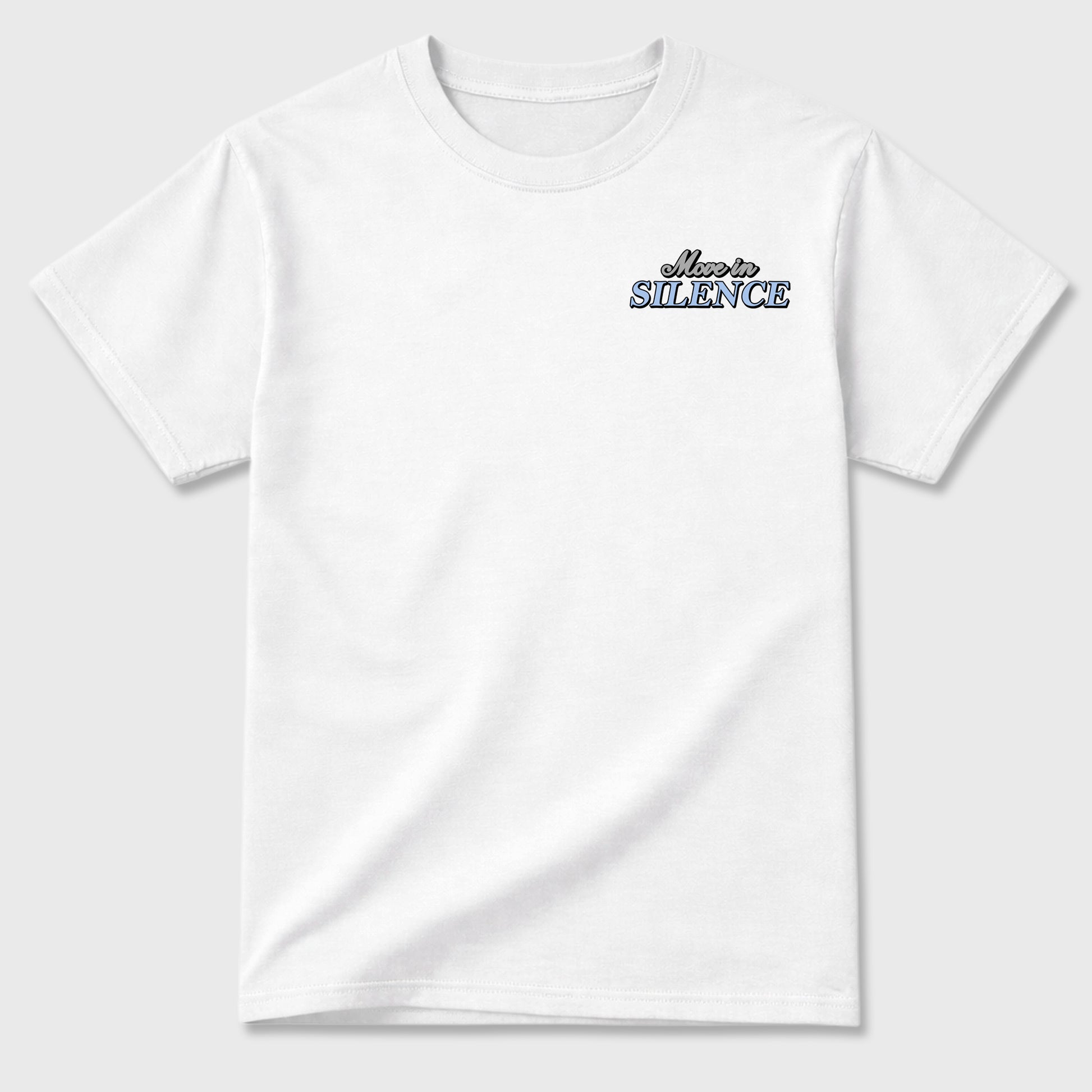 Move In Silence front and back graphic t-shirt styled to complete your outfit with the5s White Metallic, shown in White.