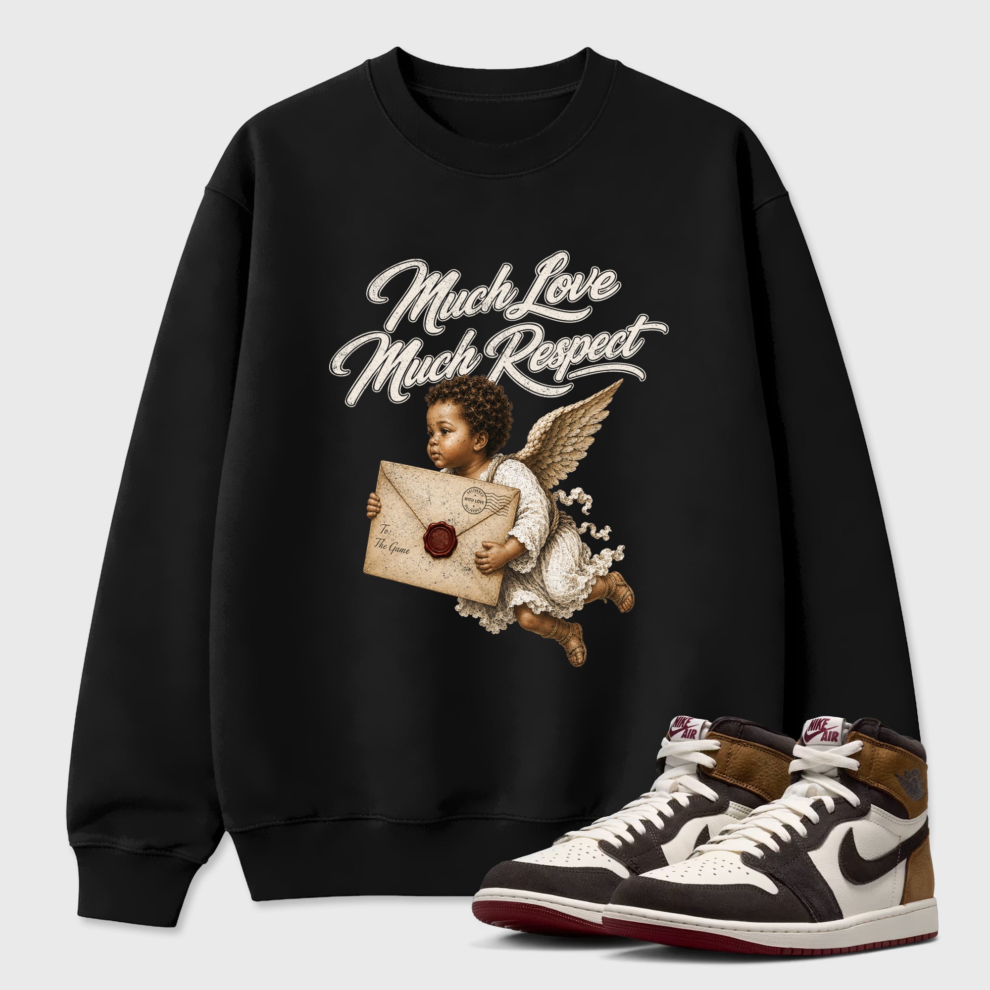Much Love Much Respect Graphic T-Shirt featuring original streetwear artwork designed to match the Air Jordan 1 Love Letter. Black 1 Graphic Tee.