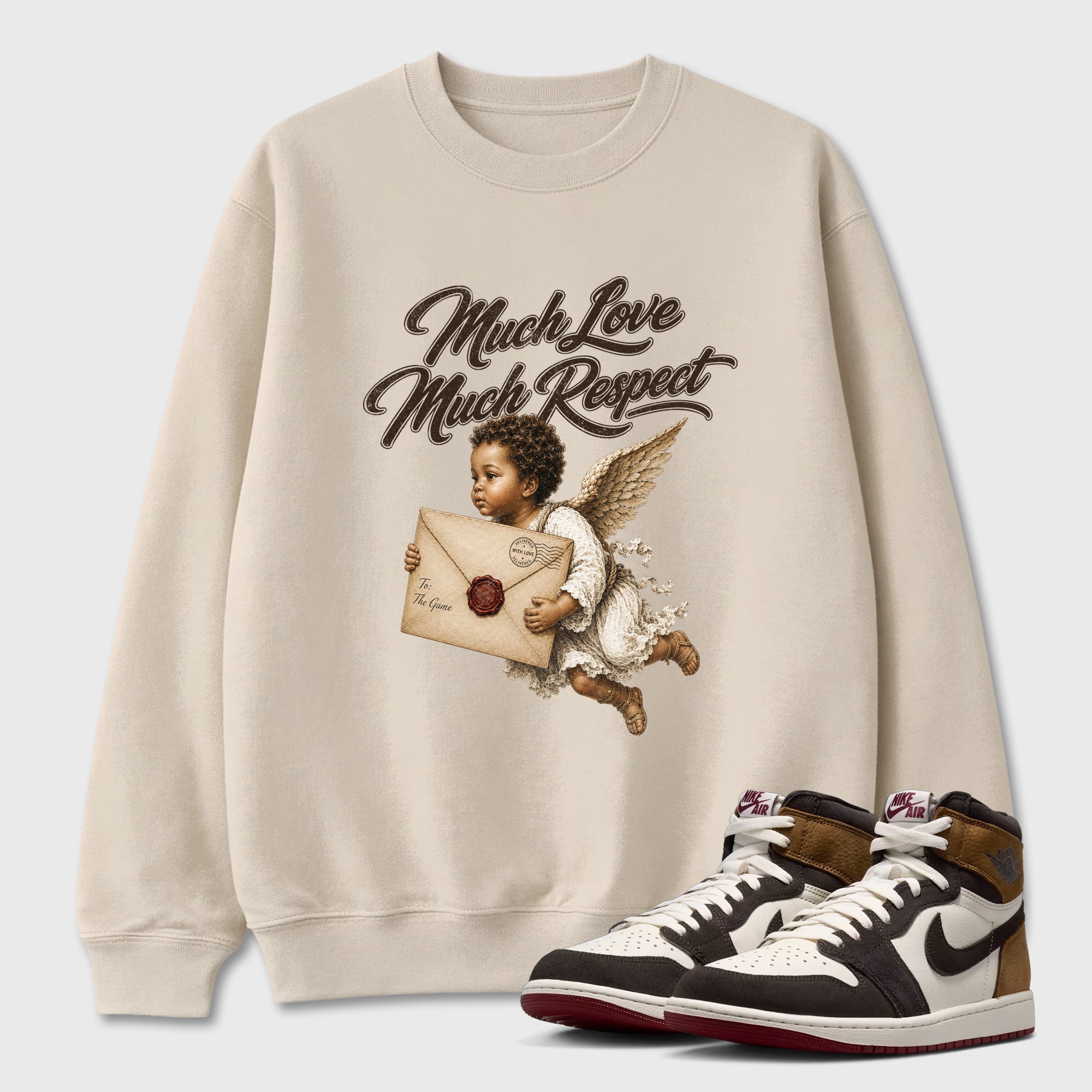 Much Love Much Respect Graphic T-Shirt featuring original streetwear artwork designed to match the Air Jordan 1 Love Letter. Natural 1 Graphic Tee.