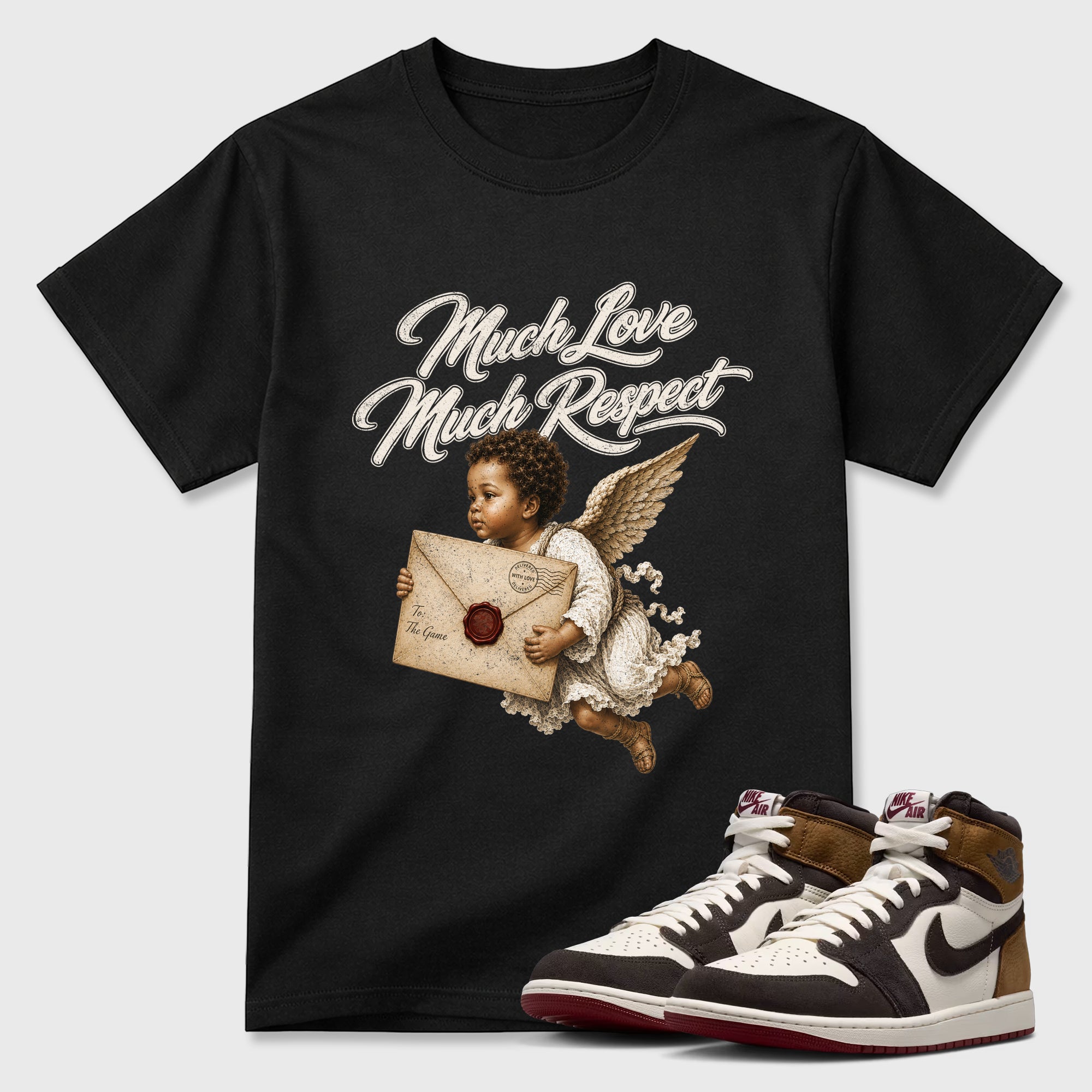 Much Love Much Respect Graphic T-Shirt featuring original streetwear artwork designed to match the Air Jordan 1 Love Letter. Black 1 Graphic T-Shirt.
