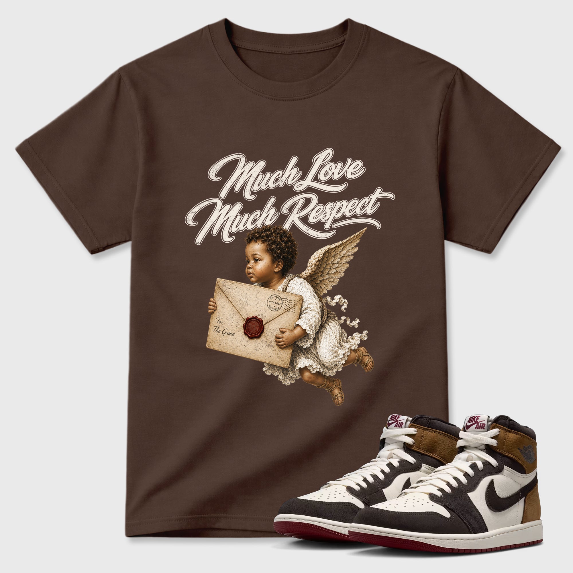 Much Love Much Respect Graphic T-Shirt featuring original streetwear artwork designed to match the Air Jordan 1 Love Letter. Dark Chocolate 1 Graphic T-Shirt.