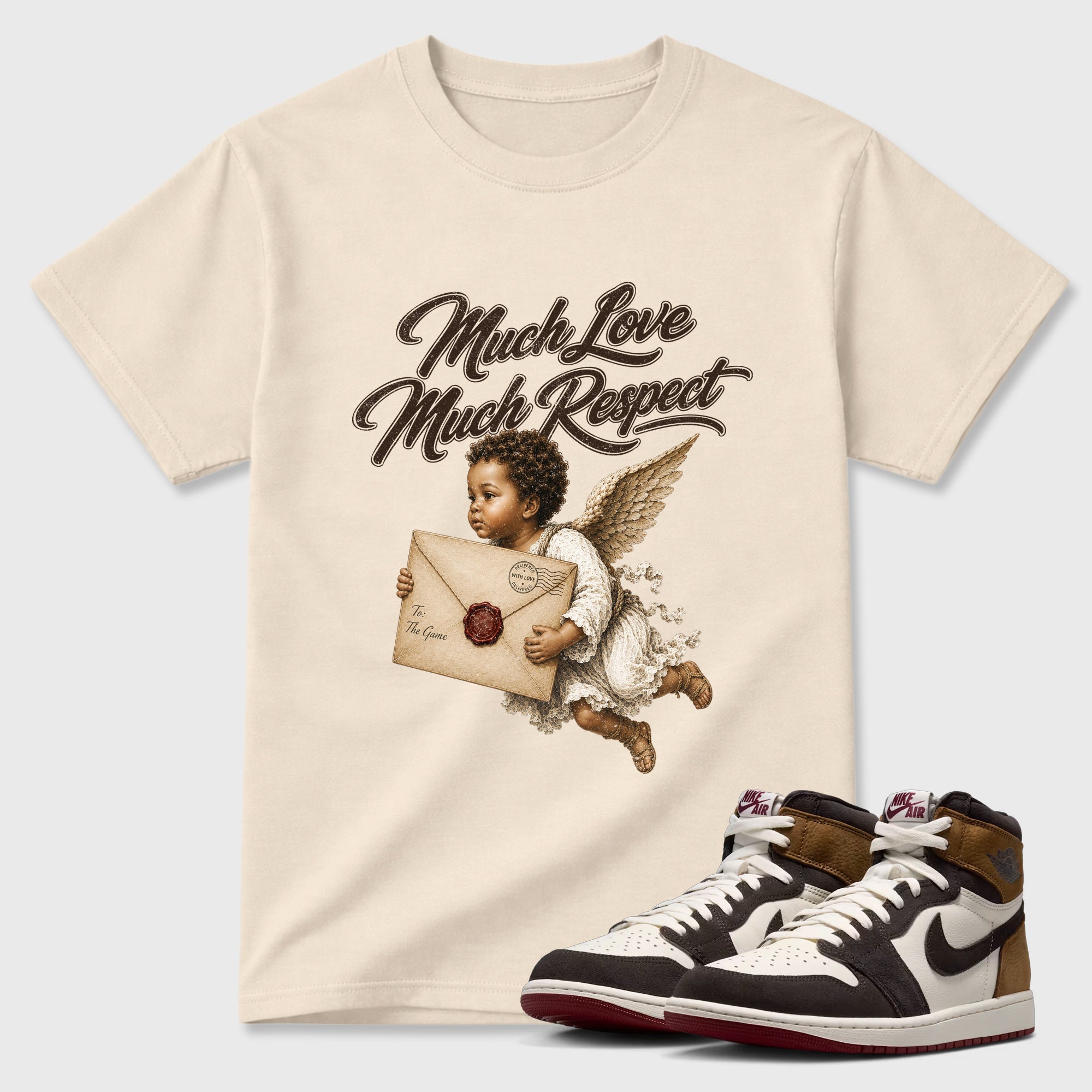 Much Love Much Respect Graphic T-Shirt featuring original streetwear artwork designed to match the Air Jordan 1 Love Letter. Natural 1 Graphic T-Shirt.