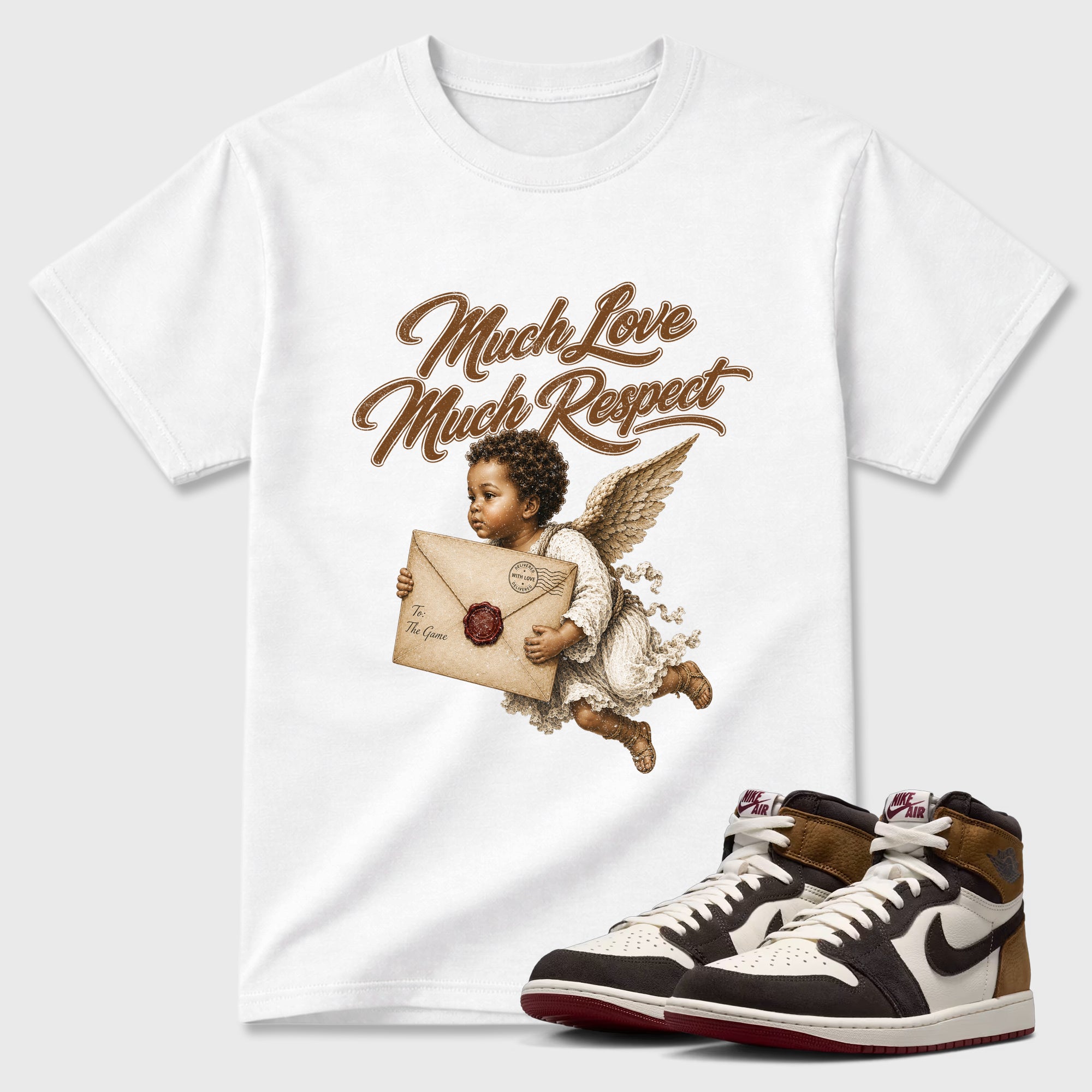 Much Love Much Respect Graphic T-Shirt featuring original streetwear artwork designed to match the Air Jordan 1 Love Letter. White 1 Graphic T-Shirt.