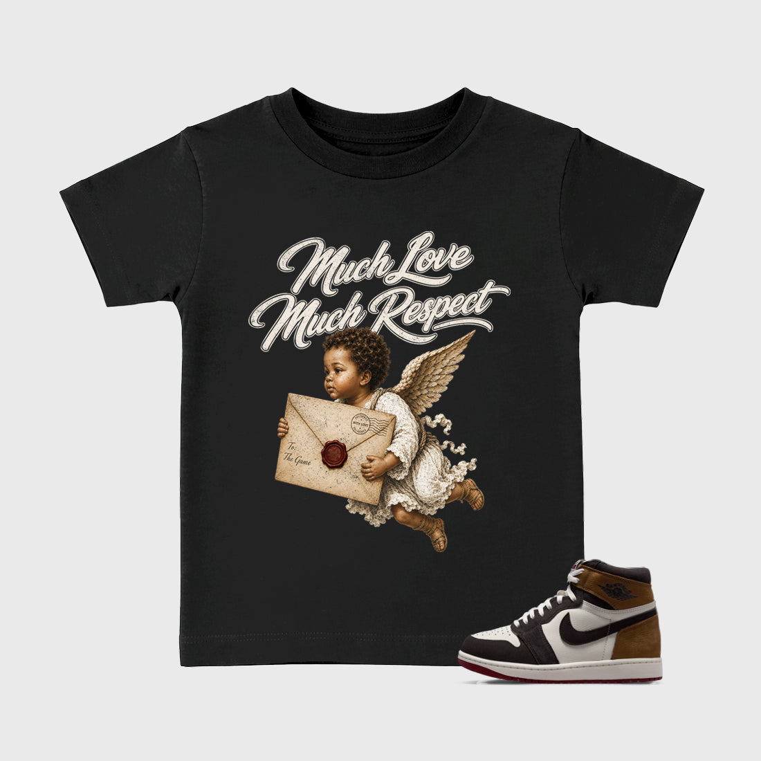 Much Love Much Respect Baby & Kids Graphic T-Shirt featuring original artwork designed to match the Air Jordan 1 Love Letter. Black 1 Kids Graphic Tee.