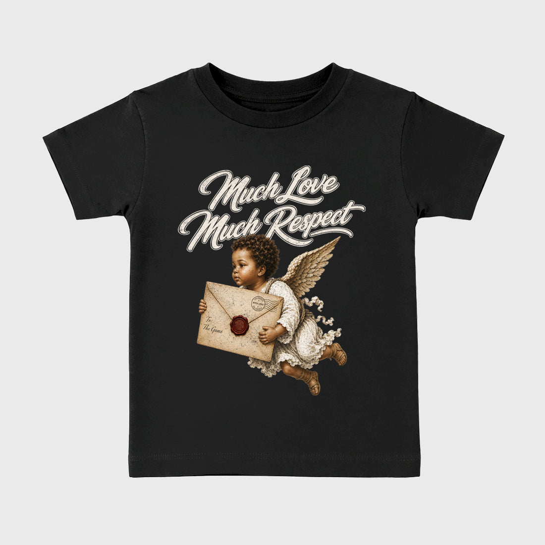 Much Love Much Respect Baby & Kids Graphic T-Shirt featuring original artwork designed to match the Air Jordan 1 Love Letter. Black 2 Kids Graphic Tee.