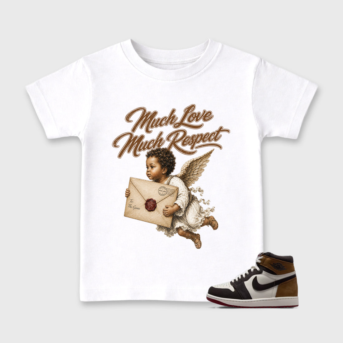 Much Love Much Respect Baby & Kids Graphic T-Shirt featuring original artwork designed to match the Air Jordan 1 Love Letter. White 1 Kids Graphic Tee.
