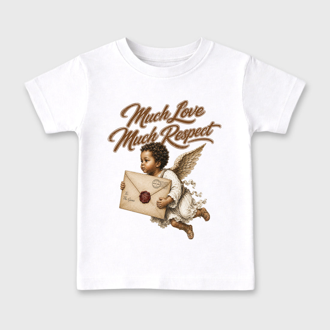 Much Love Much Respect Baby & Kids Graphic T-Shirt featuring original artwork designed to match the Air Jordan 1 Love Letter. White 2 Kids Graphic Tee.