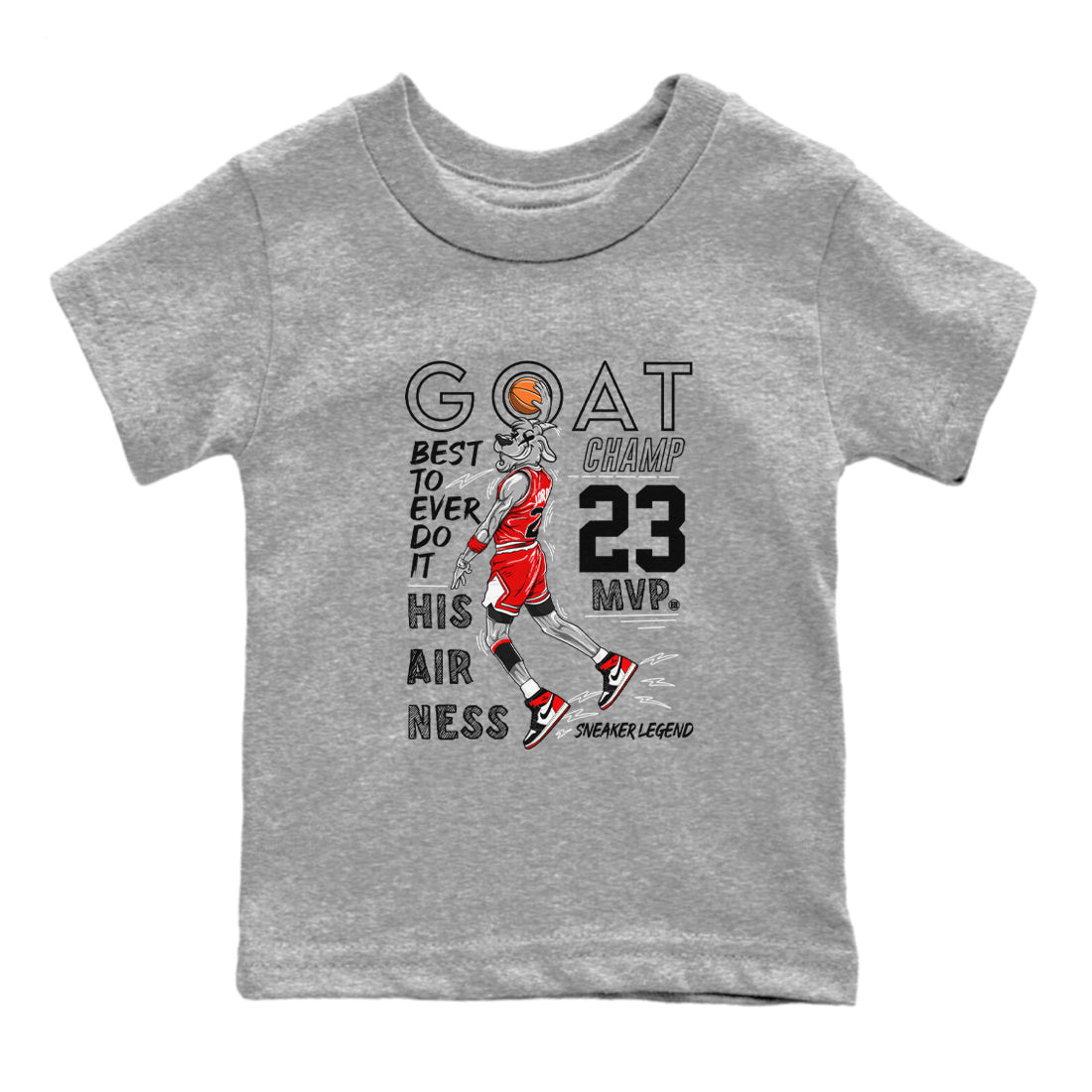 AJ1 Black Toe Reimagined shirts to match jordans MVP Goat sneaker match tees Air Jordan 1 Black Toe Reimagined SNRT Sneaker Tees streetwear brand Baby and Youth Heather Grey 2 cotton tee