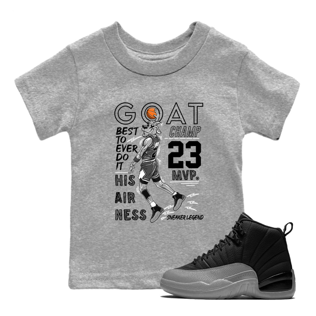 12s Black Wolf Grey shirts to match jordans MVP Goat sneaker match tees 12s Baron SNRT Sneaker Release Tees Youth Baby Heather Grey 1 crew neck shirts