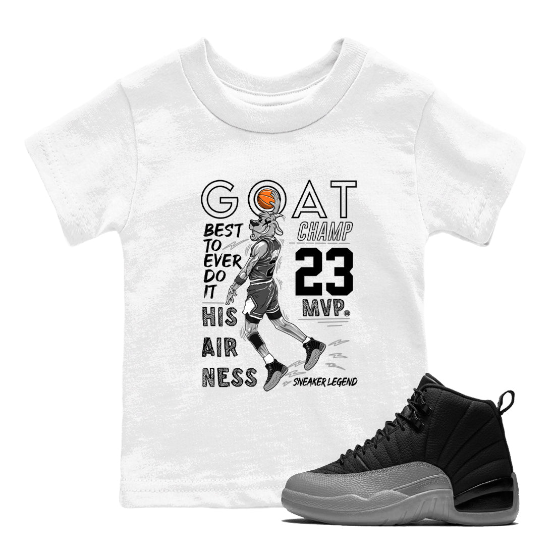 12s Black Wolf Grey shirts to match jordans MVP Goat sneaker match tees 12s Baron SNRT Sneaker Release Tees Youth Baby White 1 crew neck shirts