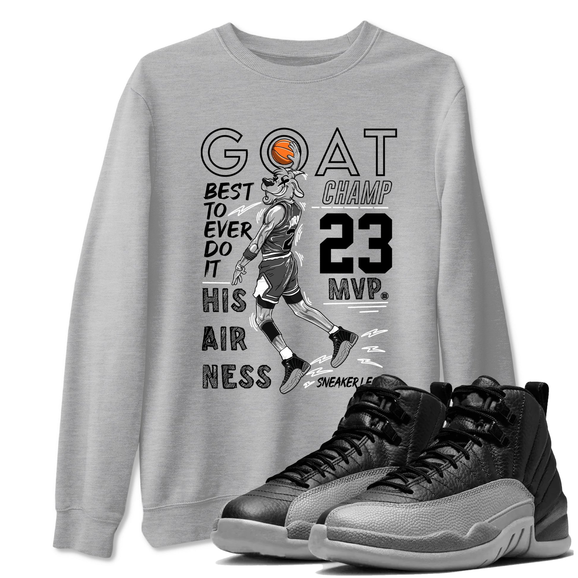 12s Black Wolf Grey shirts to match jordans MVP Goat sneaker match tees 12s Baron SNRT Sneaker Release Tees unisex cotton Heather Grey 1 crew neck shirts