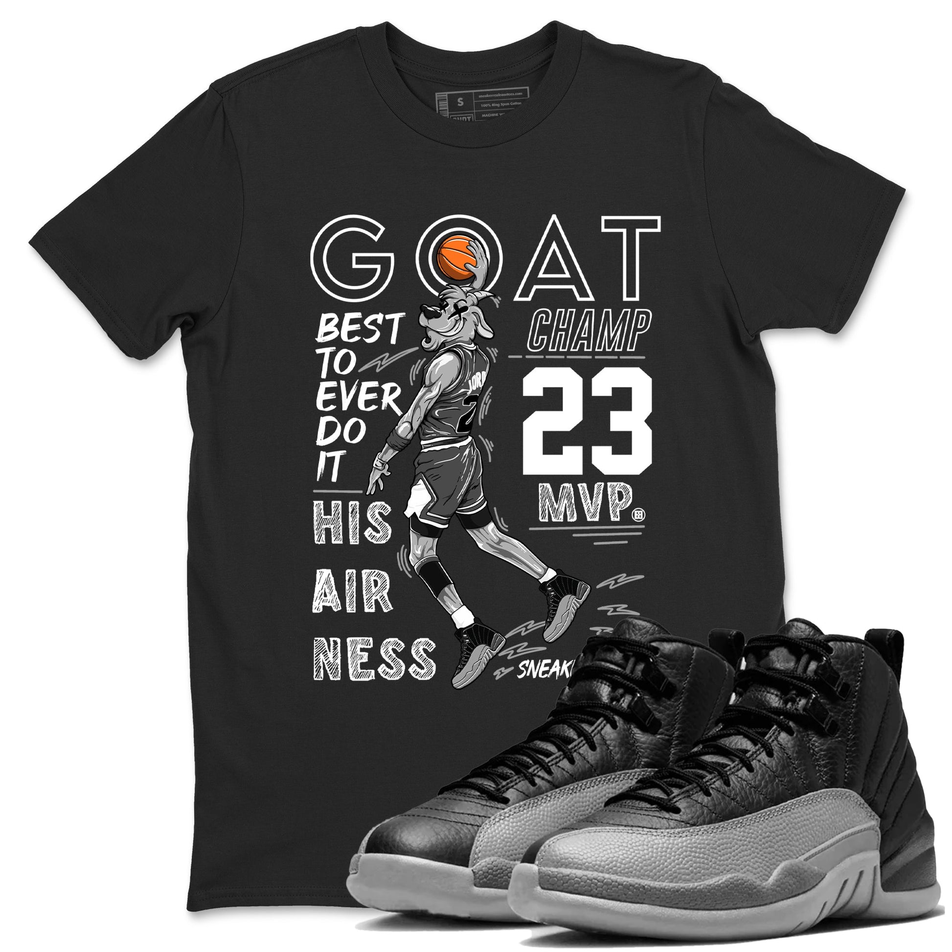 12s Black Wolf Grey shirts to match jordans MVP Goat sneaker match tees 12s Baron SNRT Sneaker Release Tees unisex cotton Black 1 crew neck shirts