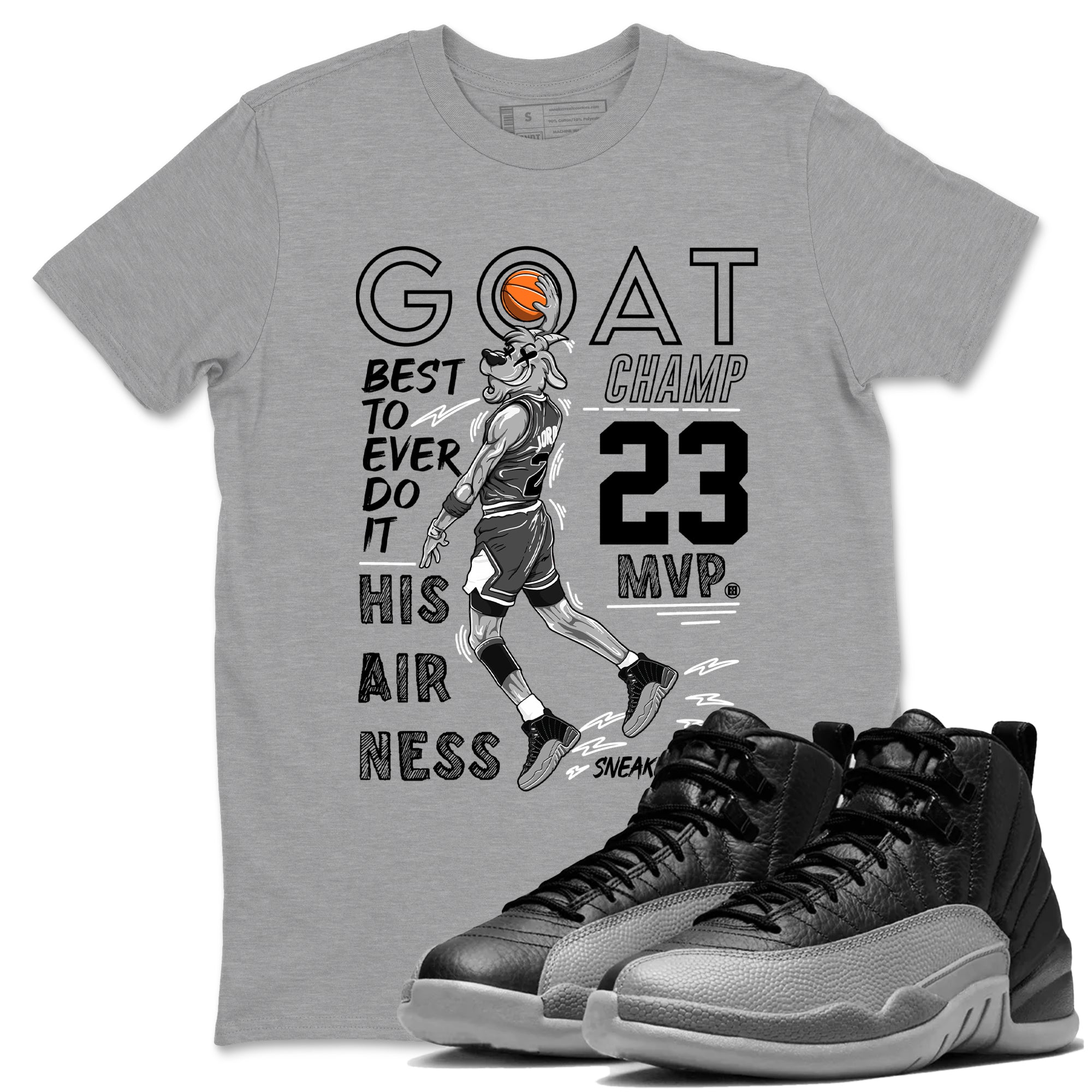 12s Black Wolf Grey shirts to match jordans MVP Goat sneaker match tees 12s Baron SNRT Sneaker Release Tees unisex cotton Heather Grey 1 crew neck shirts