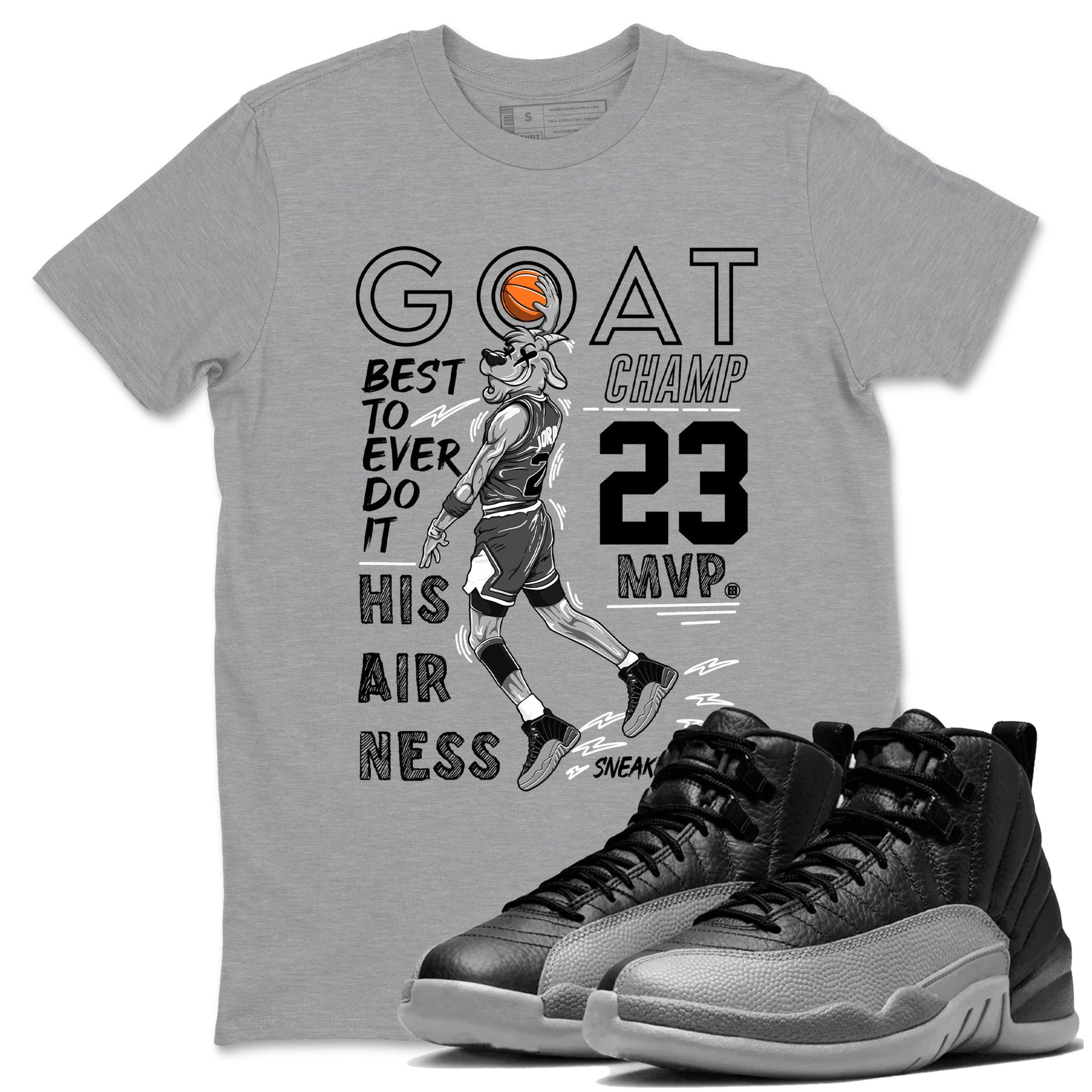 12s Black Wolf Grey shirts to match jordans MVP Goat sneaker match tees 12s Baron SNRT Sneaker Release Tees unisex cotton Heather Grey 1 crew neck shirts