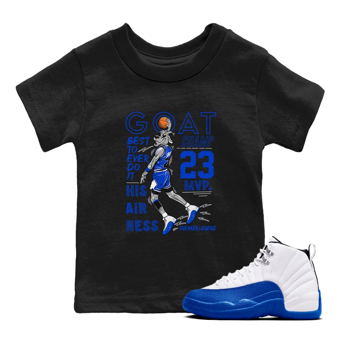12s Blueberry shirts to match jordans MVP Goat sneaker match tees Air Jordan 12 Blueberry SNRT Sneaker Tees streetwear brand Baby and Youth Black 1 cotton tee