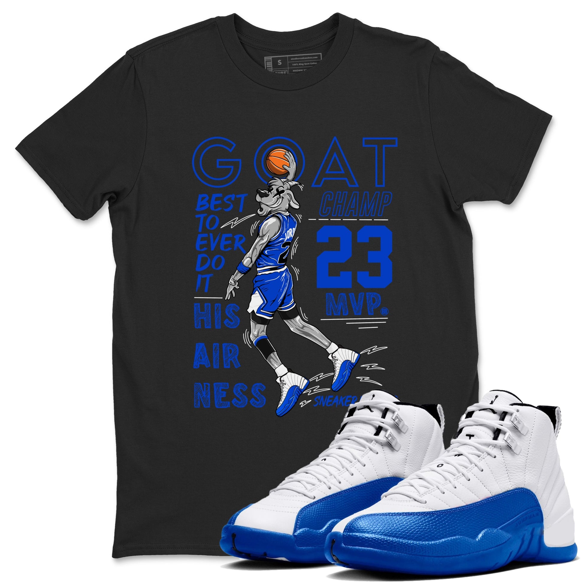 12s Blueberry shirts to match jordans MVP Goat sneaker match tees Air Jordan 12 Blueberry SNRT Sneaker Tees streetwear brand Black 1 unisex cotton tee