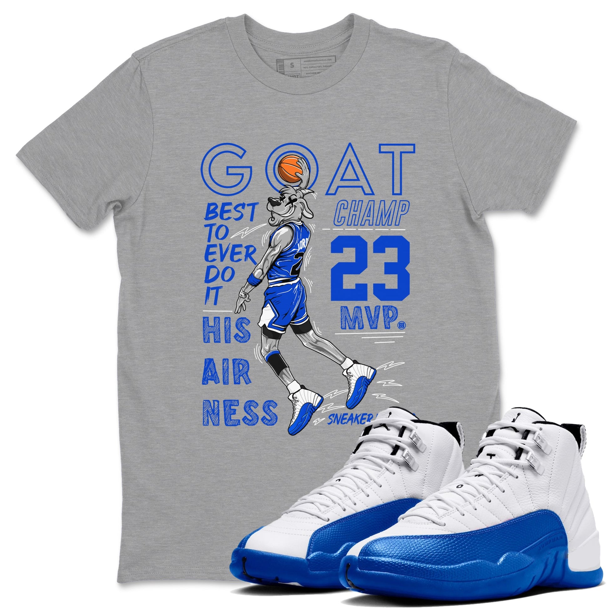 12s Blueberry shirts to match jordans MVP Goat sneaker match tees Air Jordan 12 Blueberry SNRT Sneaker Tees streetwear brand Heather Grey 1 unisex cotton tee