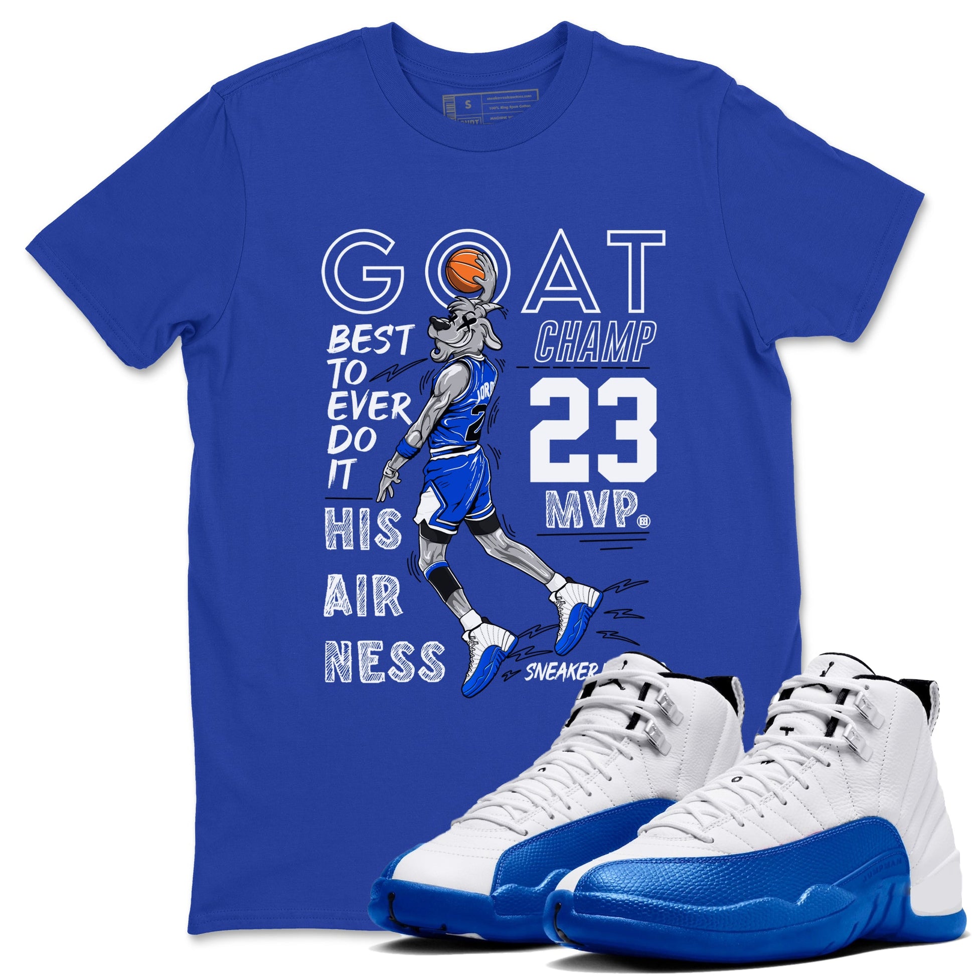 12s Blueberry shirts to match jordans MVP Goat sneaker match tees Air Jordan 12 Blueberry SNRT Sneaker Tees streetwear brand Royal Blue 1 unisex cotton tee