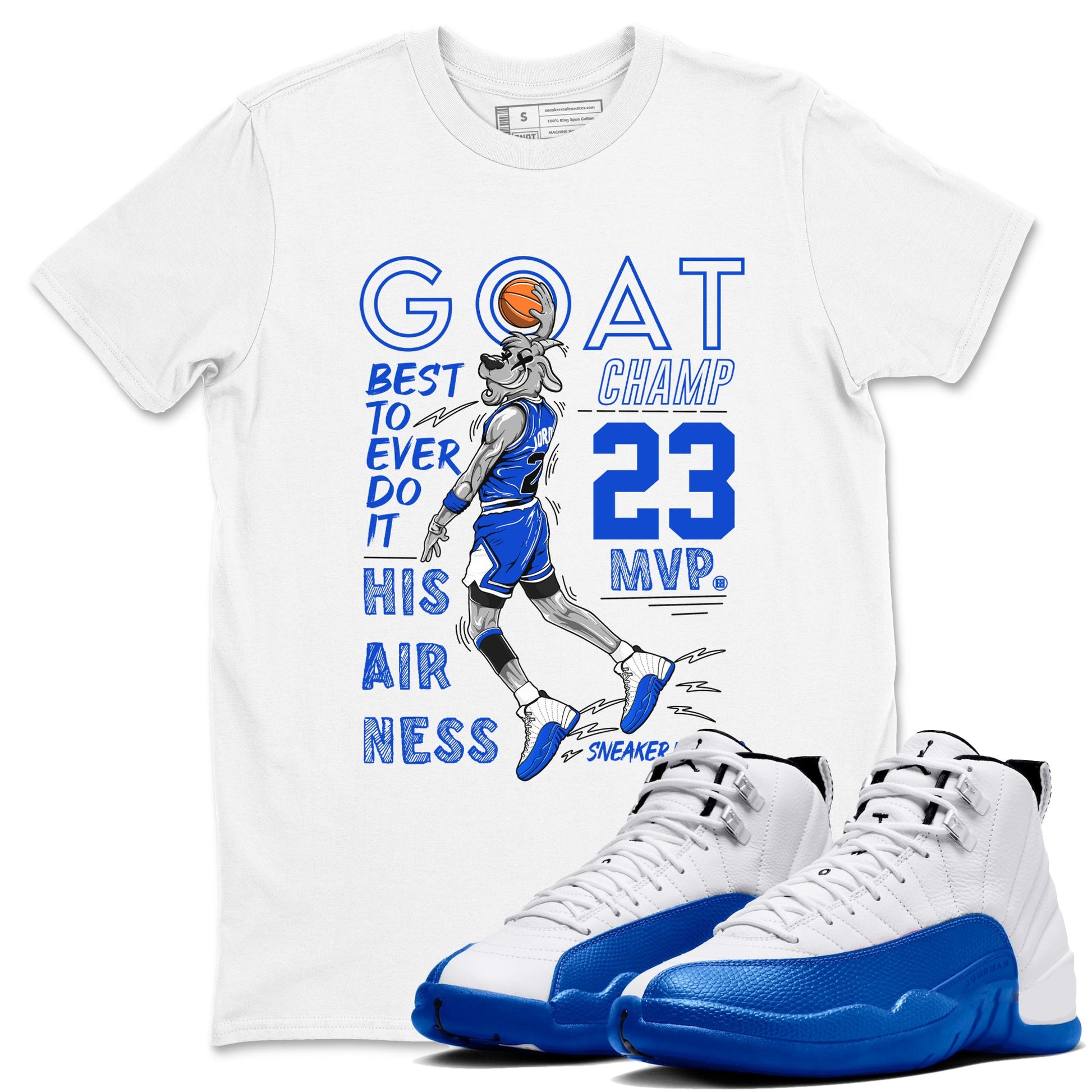 12s Blueberry shirts to match jordans MVP Goat sneaker match tees Air Jordan 12 Blueberry SNRT Sneaker Tees streetwear brand White 1 unisex cotton tee