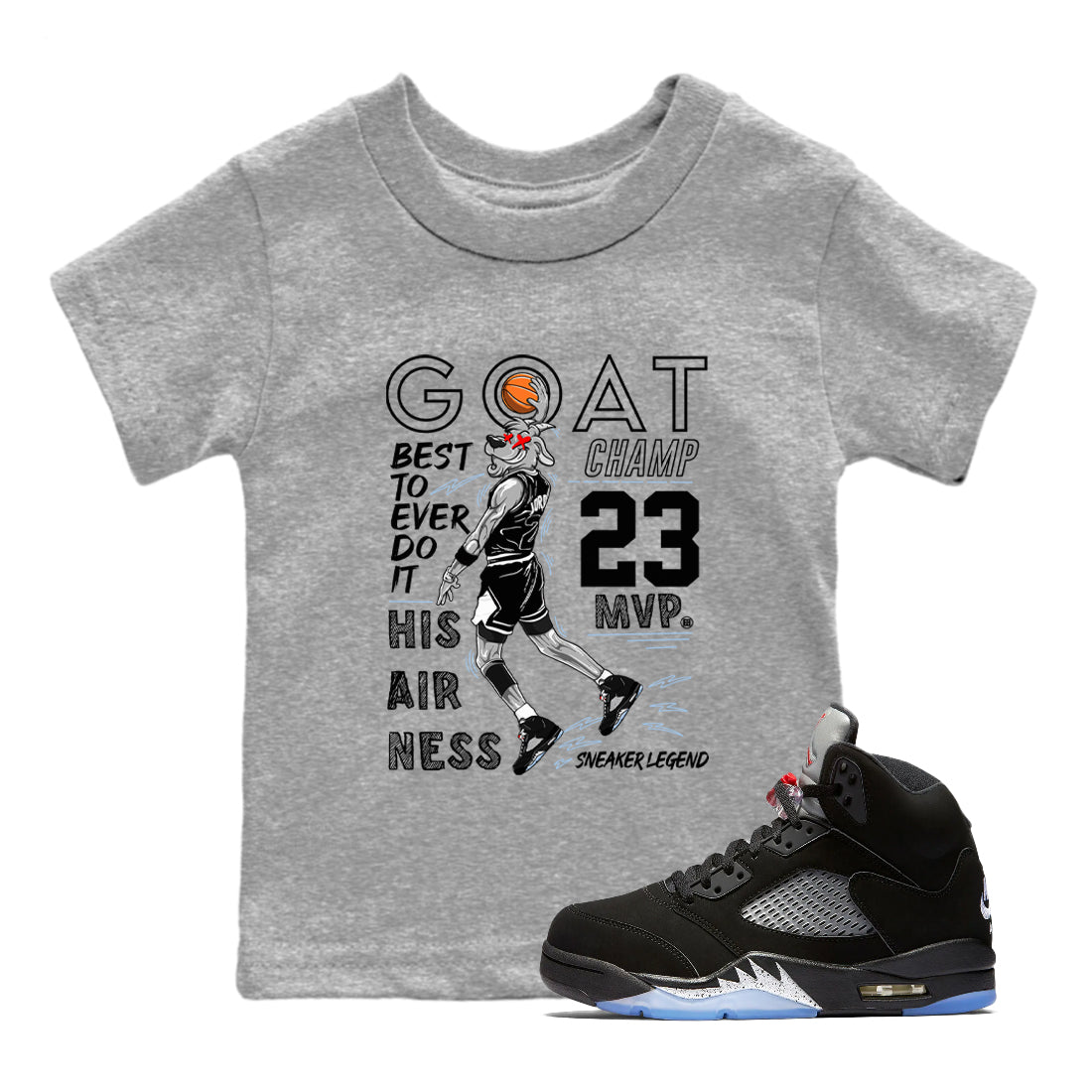 5s Black Metallic Reimagined shirts to match jordans MVP Goat sneaker match tees Air Jordan 5 Retro Black Metallic Reimagined match shoes to clothes SNRT Sneaker Tees Youth Baby Heather Grey 1 tee