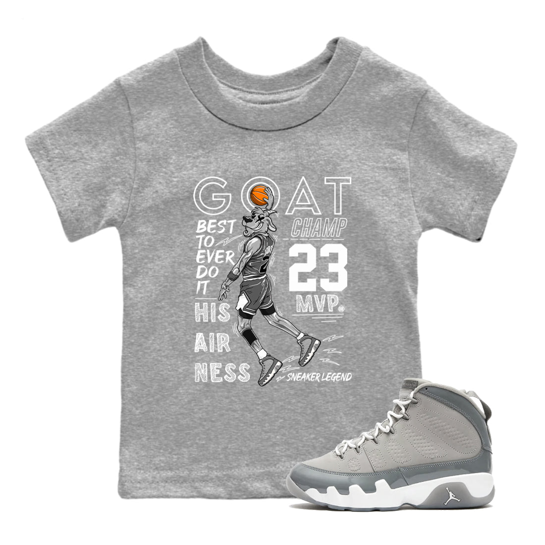 9s Cool Grey shirts to match jordans MVP Goat sneaker match tees Air Jordan 9 Retro Cool Grey match shoes to clothes SNRT Sneaker Tees Youth Baby Heather Grey 1 tee