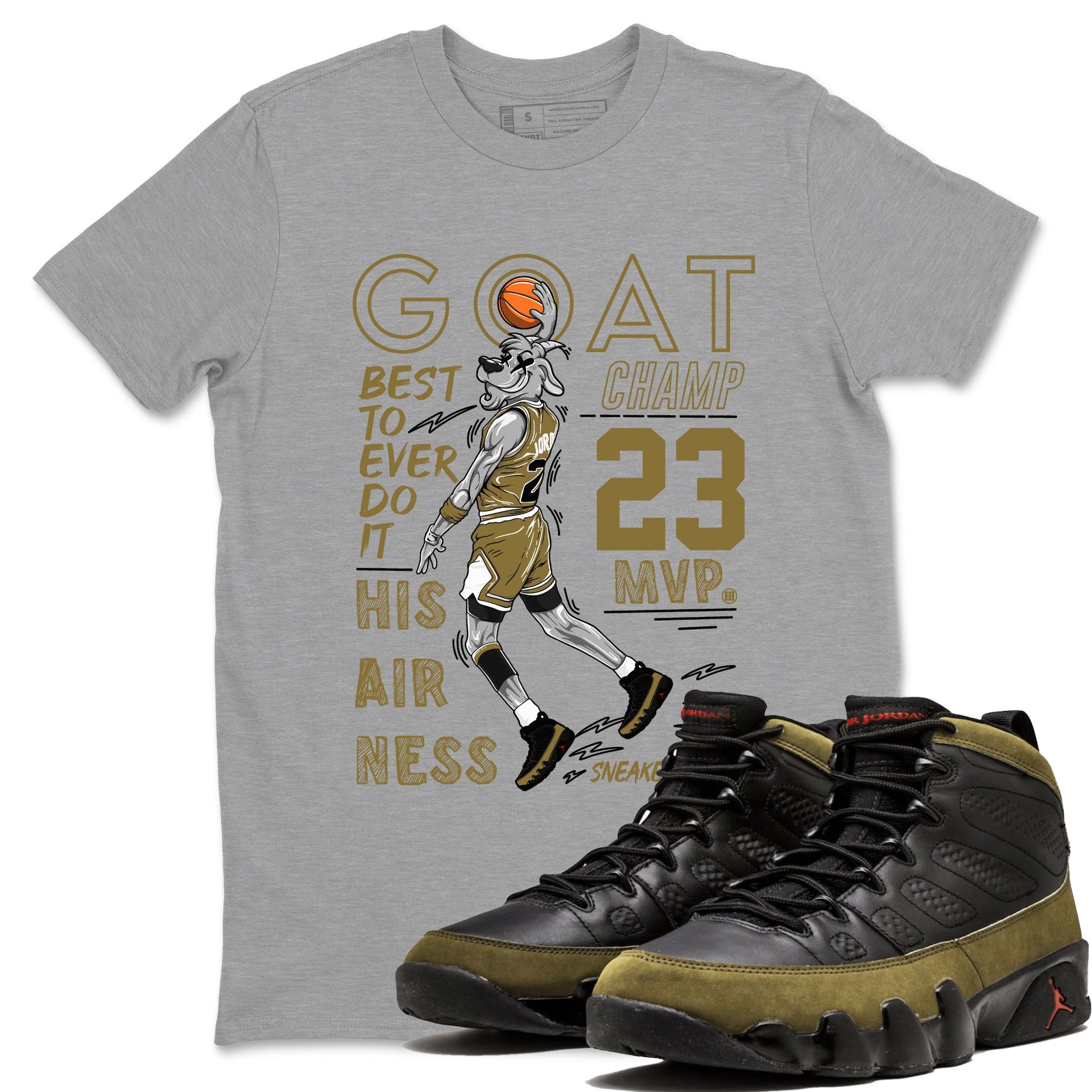 9s Olive shirts to match jordans MVP Goat sneaker match tees Air Jordan 9 Olive match shoes to clothes SNRT Sneaker Tees unisex cotton Heather Grey 1 shirts