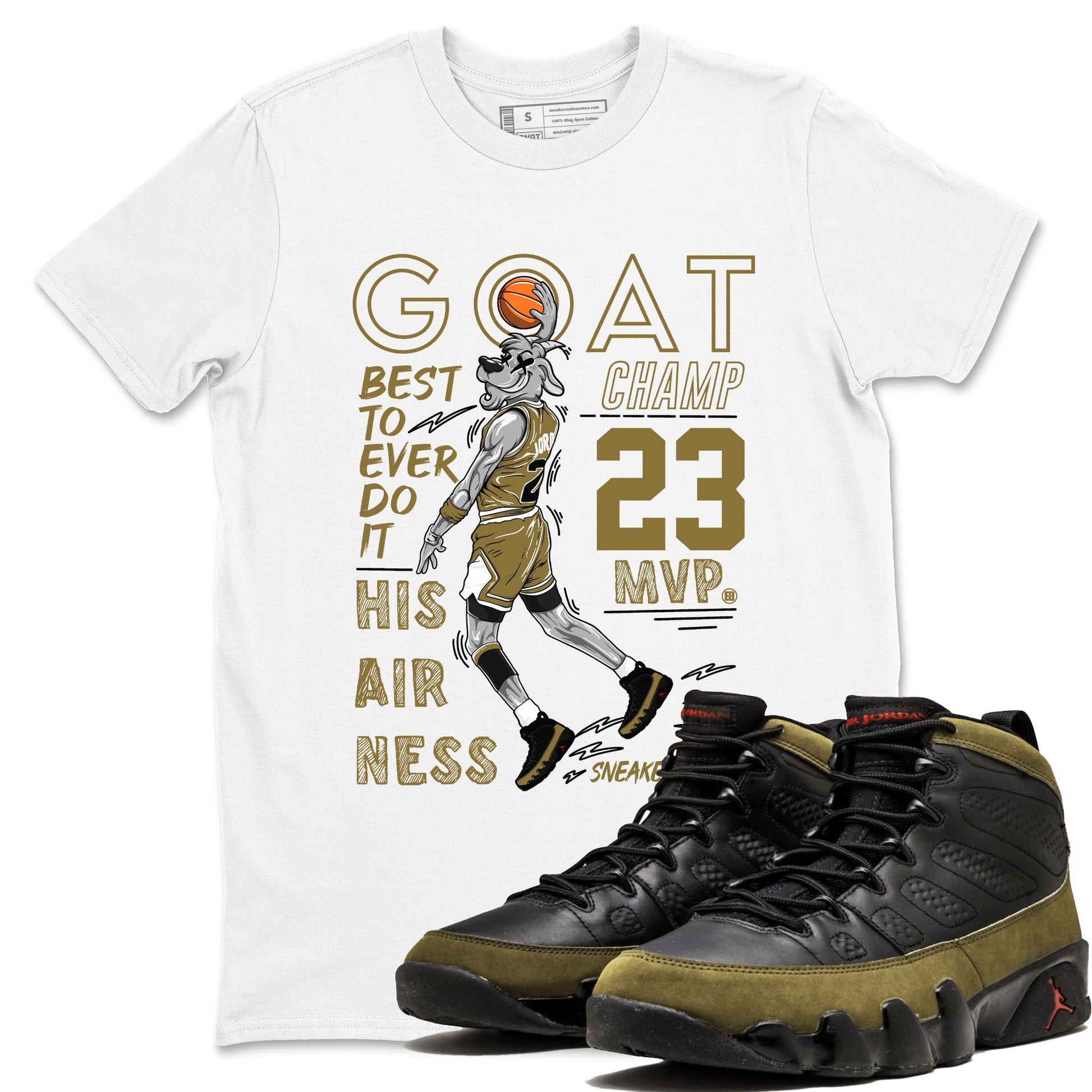 9s Olive shirts to match jordans MVP Goat sneaker match tees Air Jordan 9 Olive match shoes to clothes SNRT Sneaker Tees unisex cotton White 1 shirts