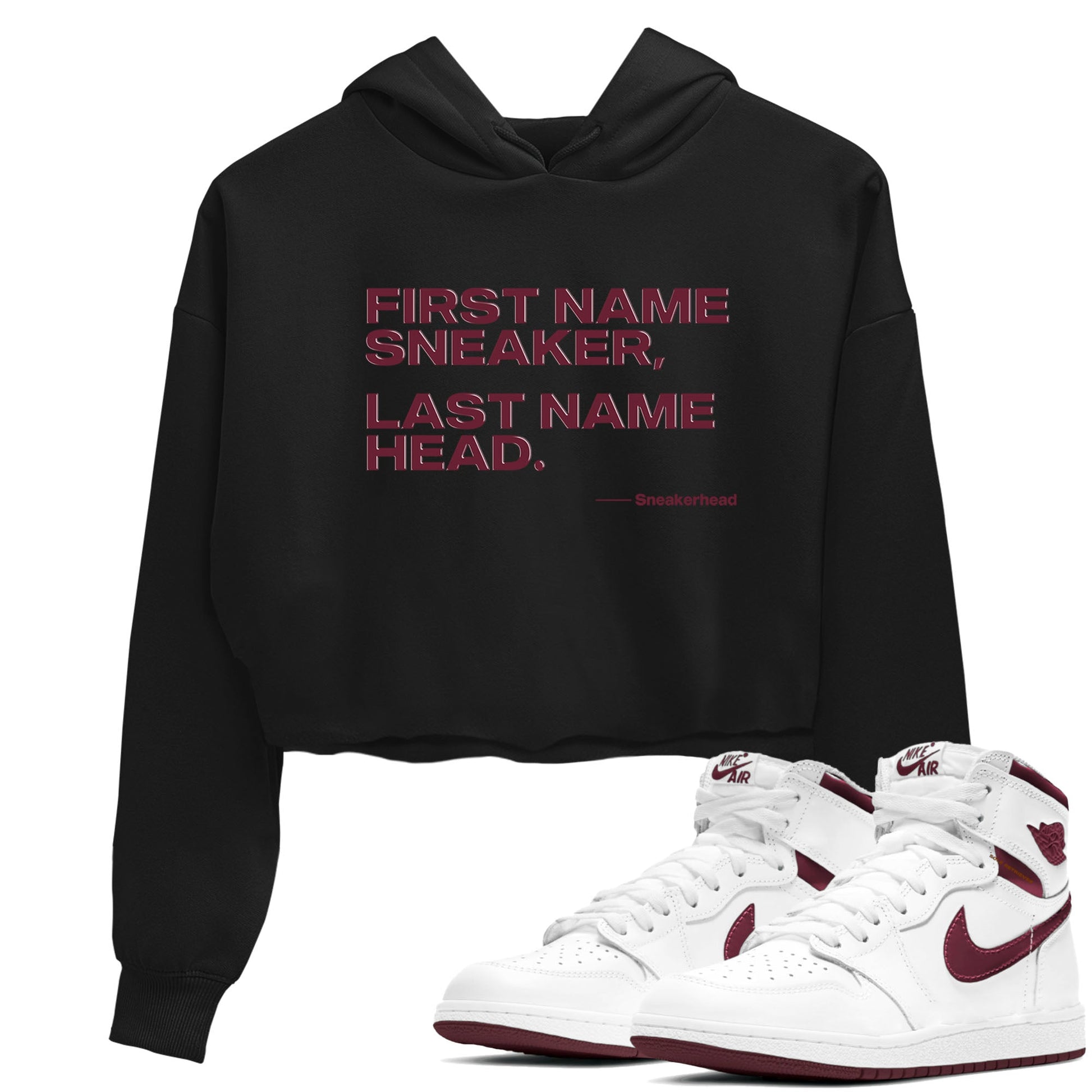 AJ1 High '85 Metallic Burgundy shirts to match jordans My Name Is Sneakerhead sneaker match tees 1s High '85 Metallic Burgundy SNRT Sneaker Tees streetwear brand Black 1 crop tee