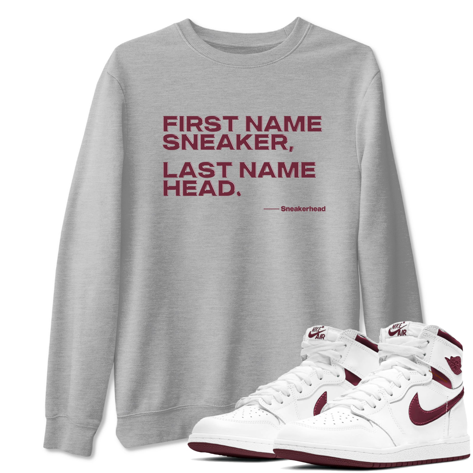 AJ1 High '85 Metallic Burgundy shirts to match jordans My Name Is Sneakerhead sneaker match tees 1s High '85 Metallic Burgundy SNRT Sneaker Tees streetwear brand Heather Grey 1 unisex cotton tee