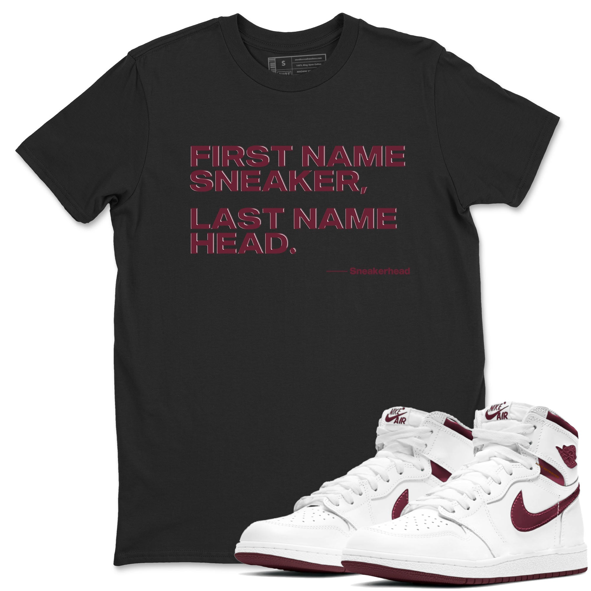 AJ1 High '85 Metallic Burgundy shirts to match jordans My Name Is Sneakerhead sneaker match tees 1s High '85 Metallic Burgundy SNRT Sneaker Tees streetwear brand Black 1 unisex cotton tee